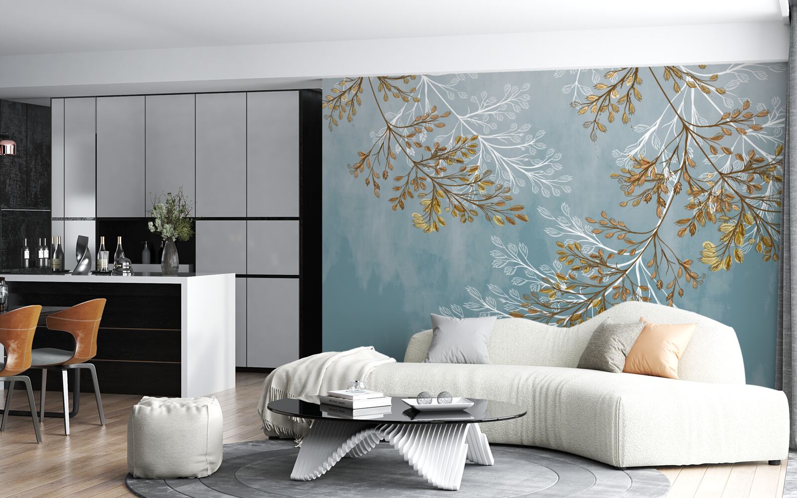 Papier peint en hiver, les branches sont parsemées de franges dorées