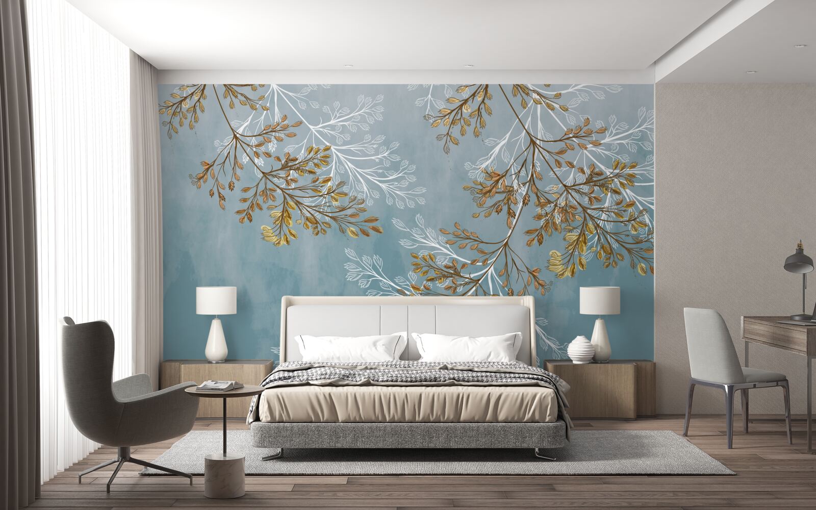 Papier peint en hiver, les branches sont parsemées de franges dorées