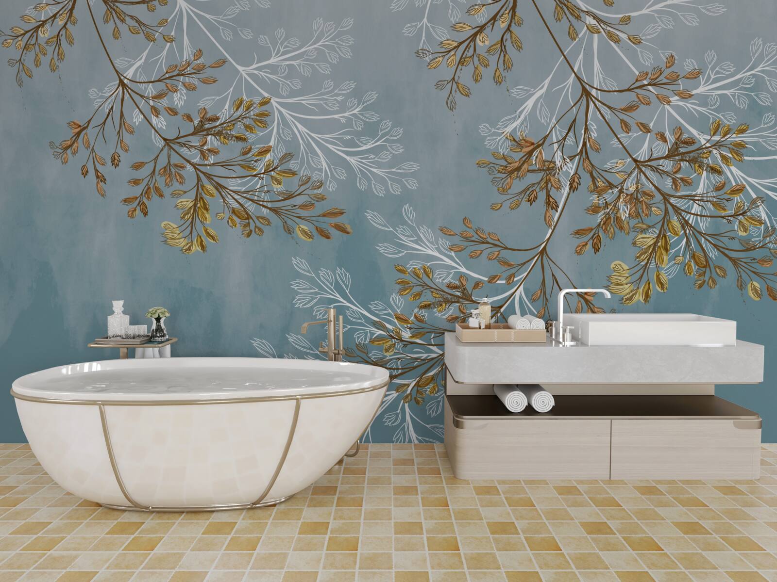 Papier peint en hiver, les branches sont parsemées de franges dorées