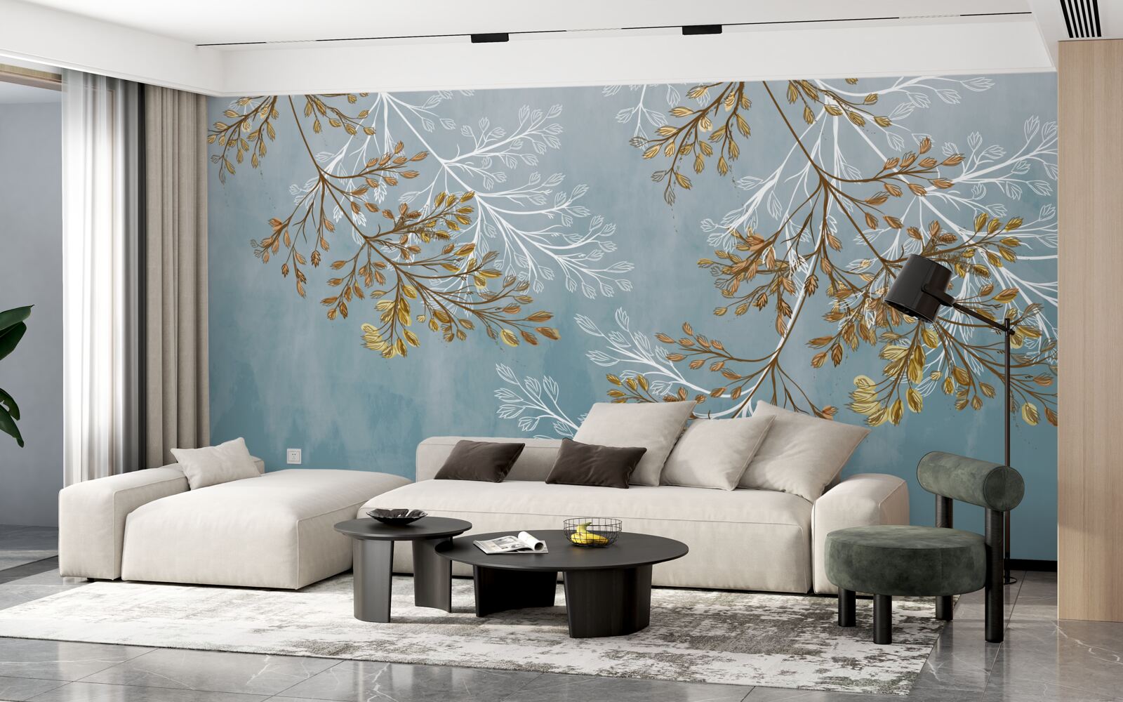 Papier peint en hiver, les branches sont parsemées de franges dorées