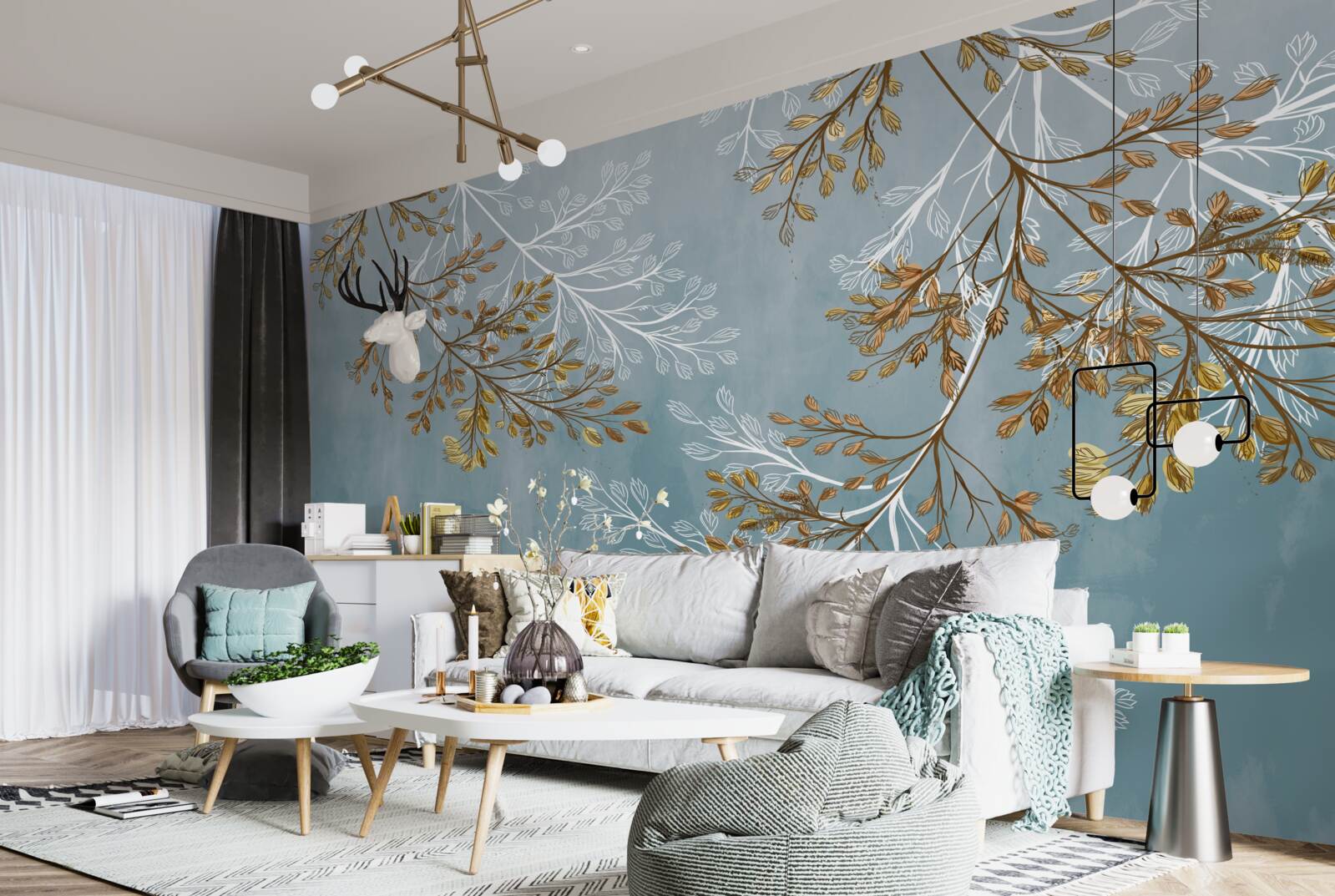 Papier peint en hiver, les branches sont parsemées de franges dorées