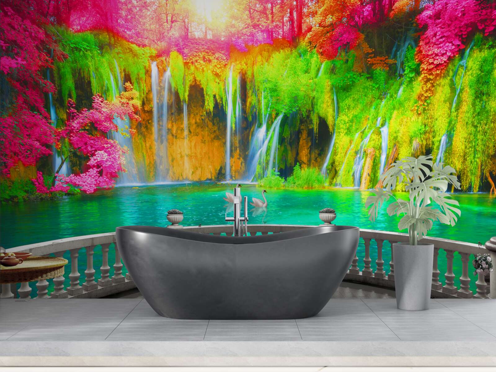 Papier peint patio avec vue panoramique sur la campagne pittoresque