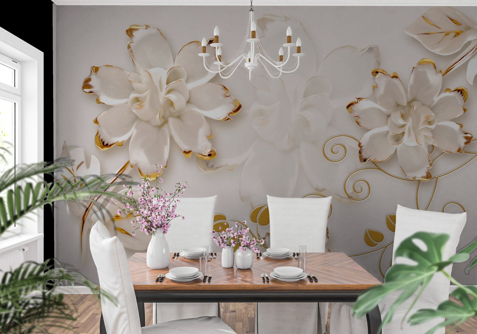 Papier peint Roses blanches avec or