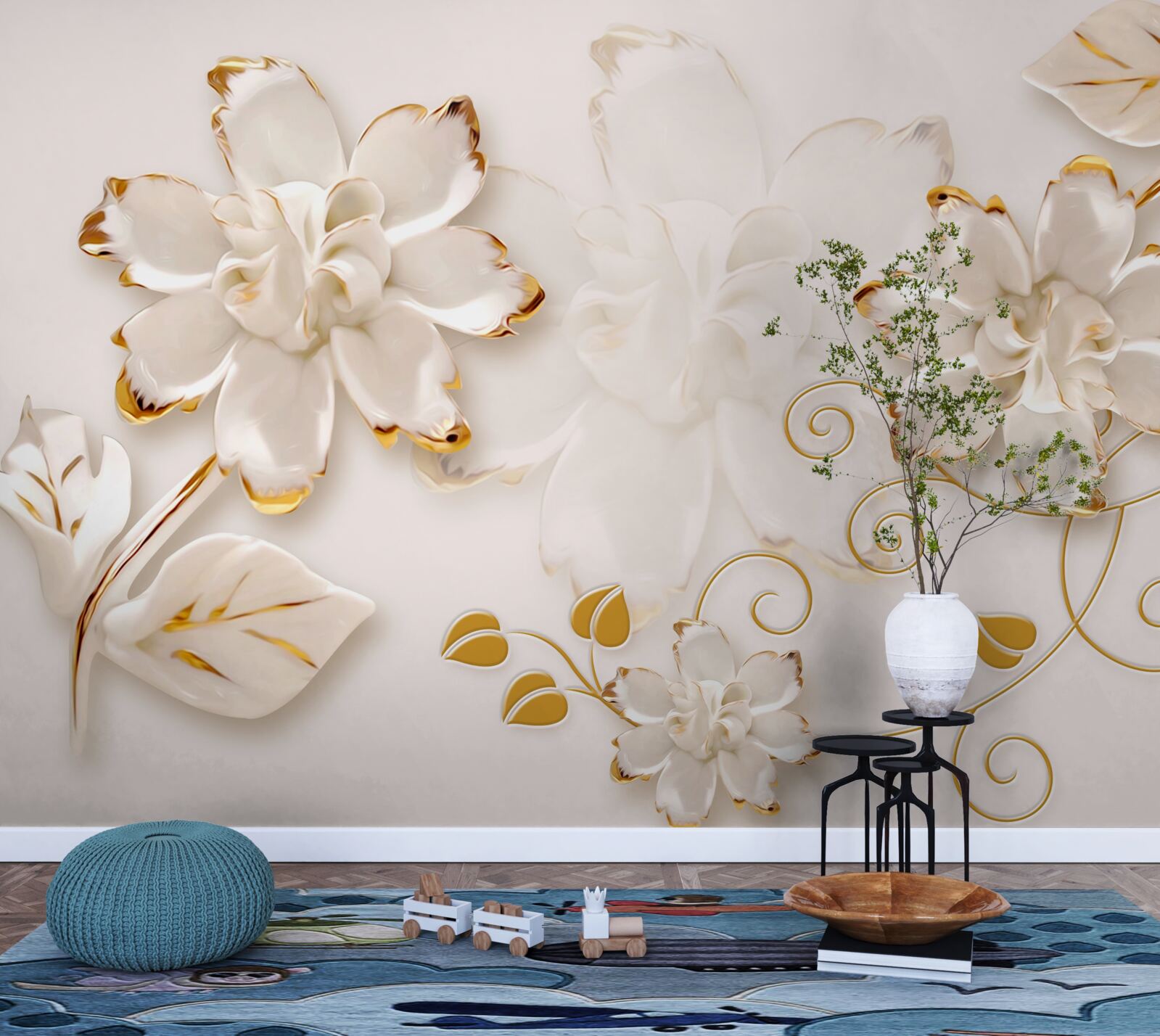 Papier peint Roses blanches avec or