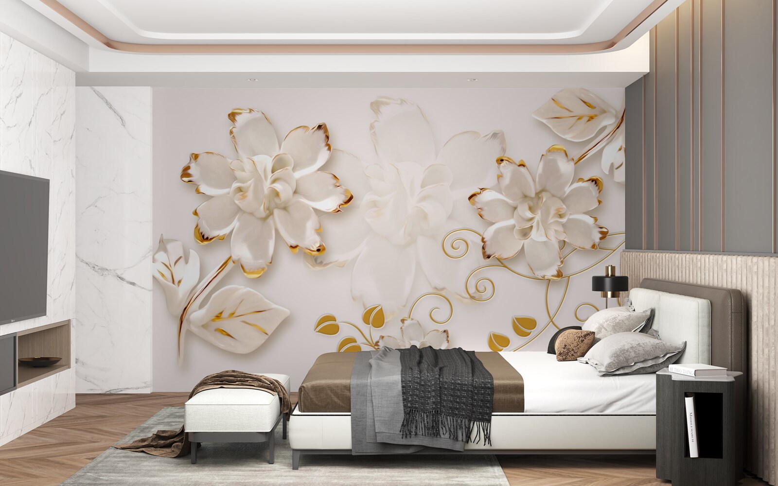 Papier peint Roses blanches avec or