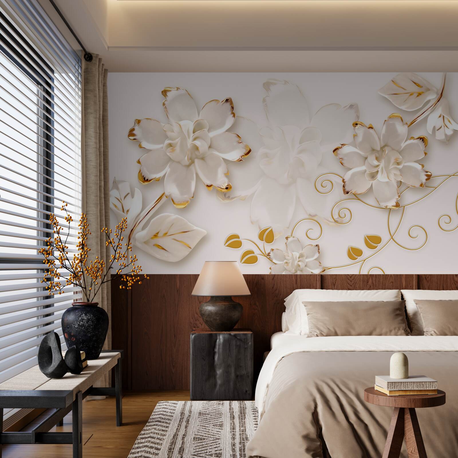 Papier peint Roses blanches avec or