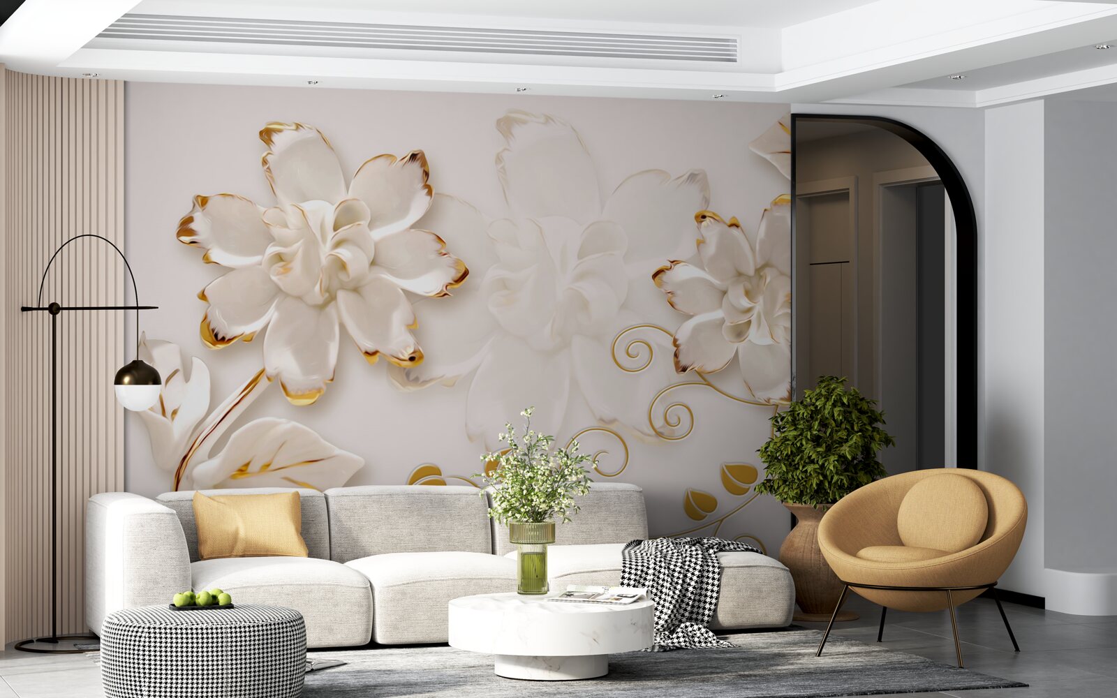 Papier peint Roses blanches avec or