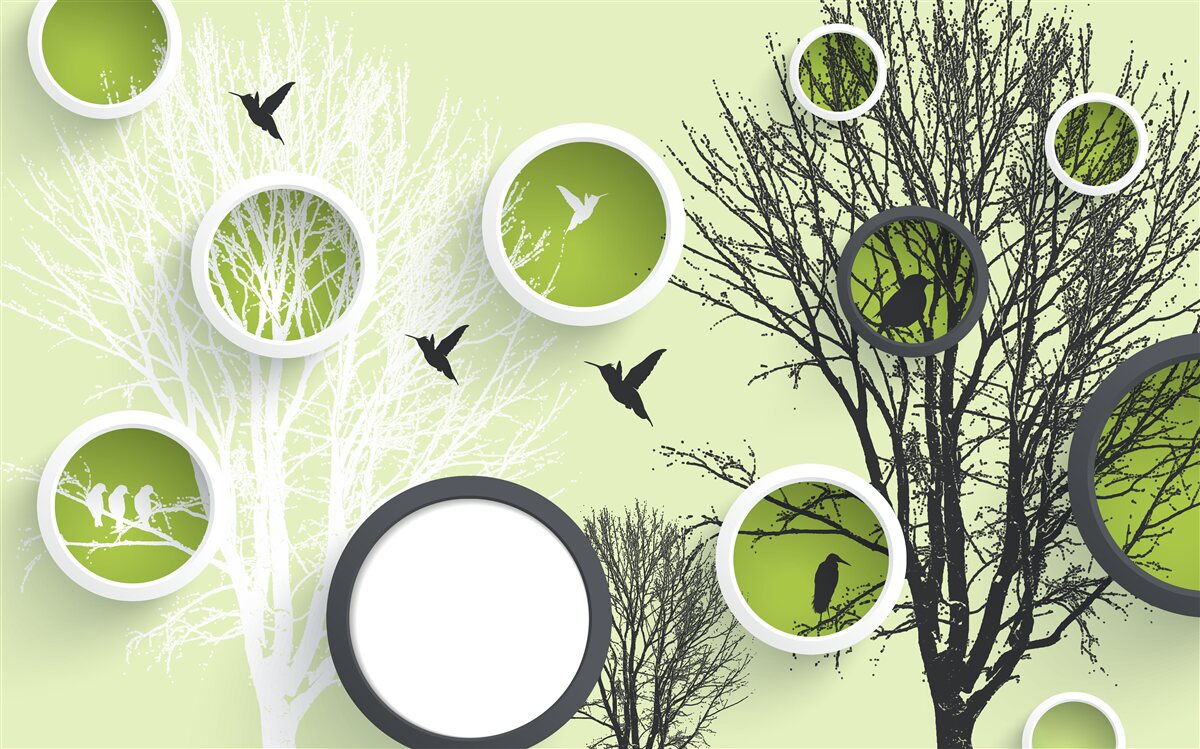 Papier peint arbres avec oiseaux en noir et blanc