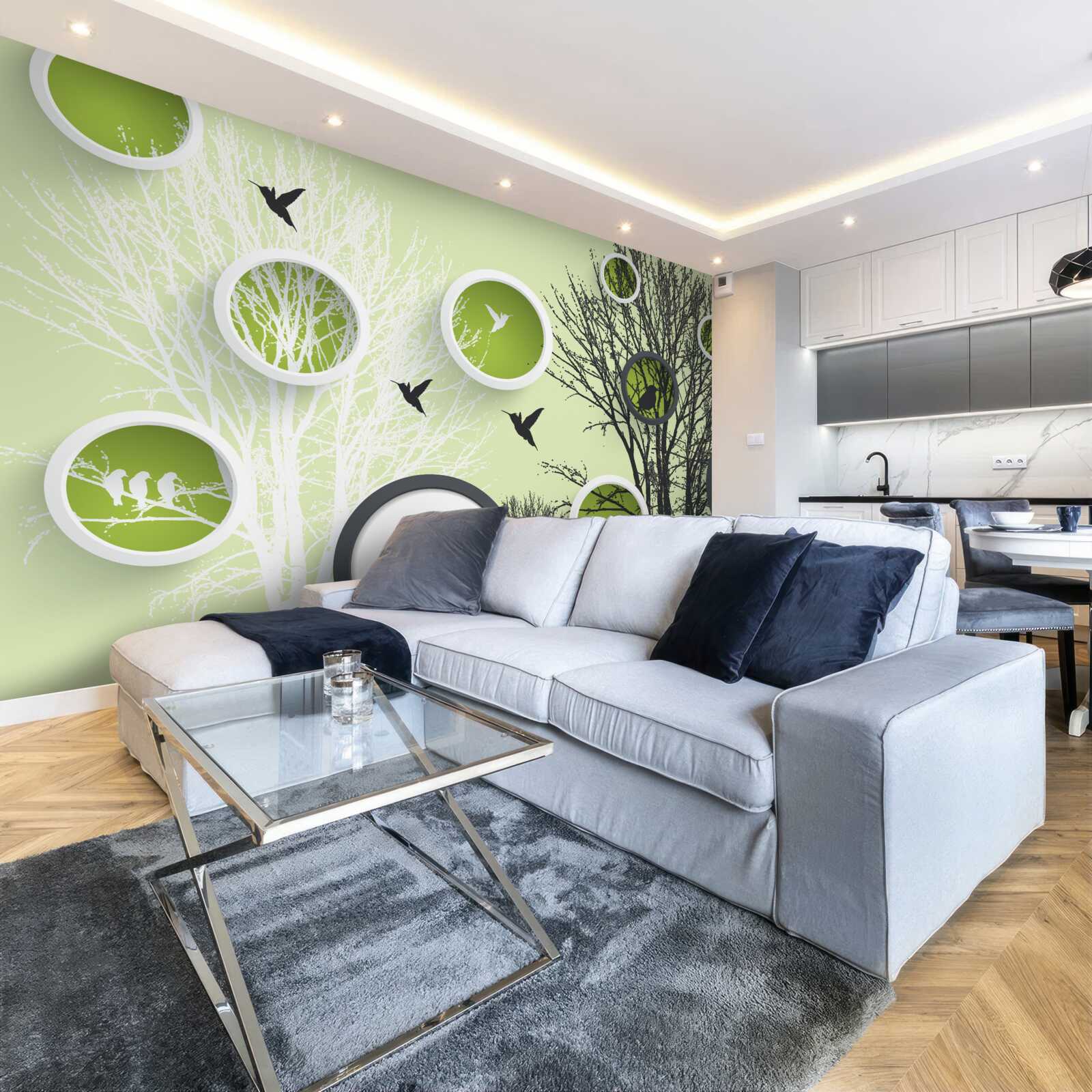 Papier peint arbres avec oiseaux en noir et blanc