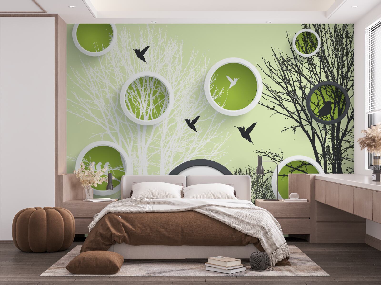 Papier peint arbres avec oiseaux en noir et blanc