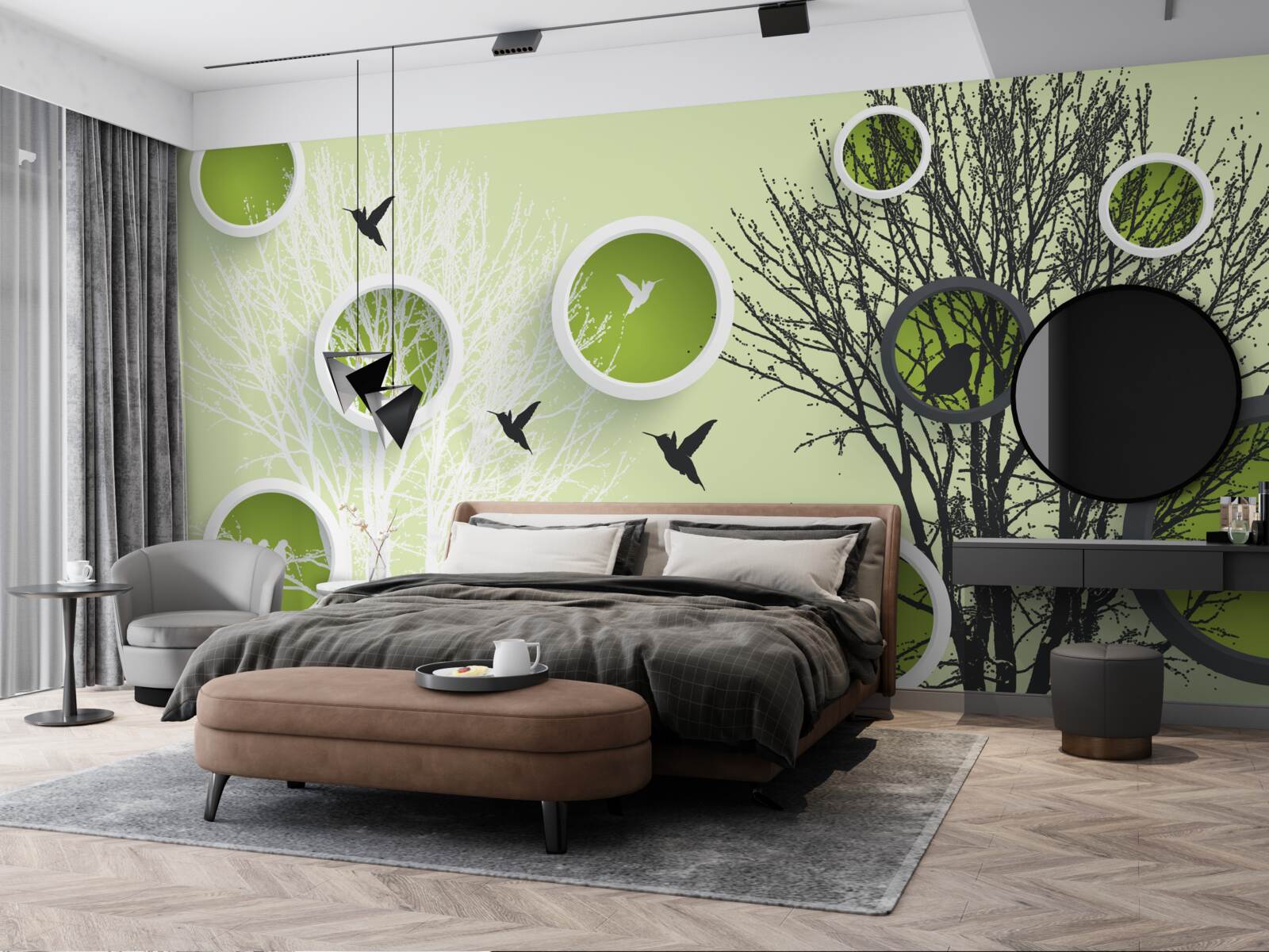 Papier peint arbres avec oiseaux en noir et blanc