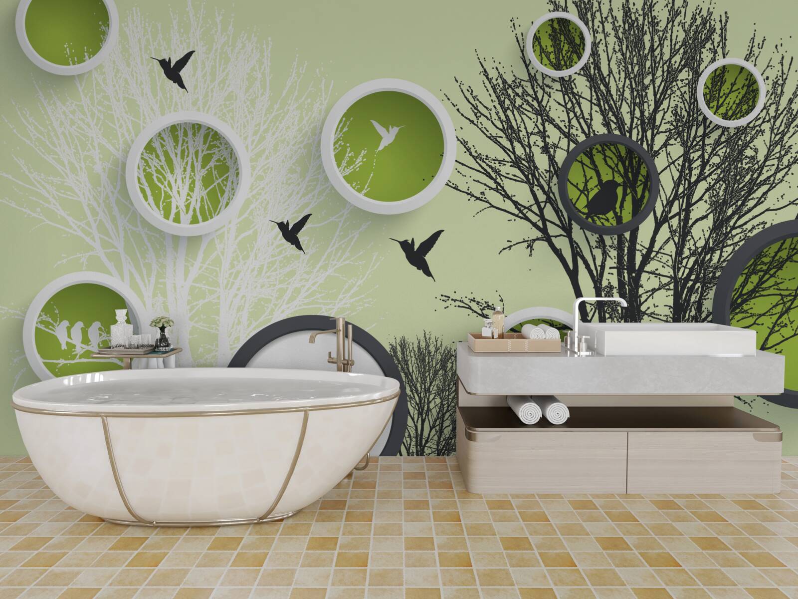 Papier peint arbres avec oiseaux en noir et blanc