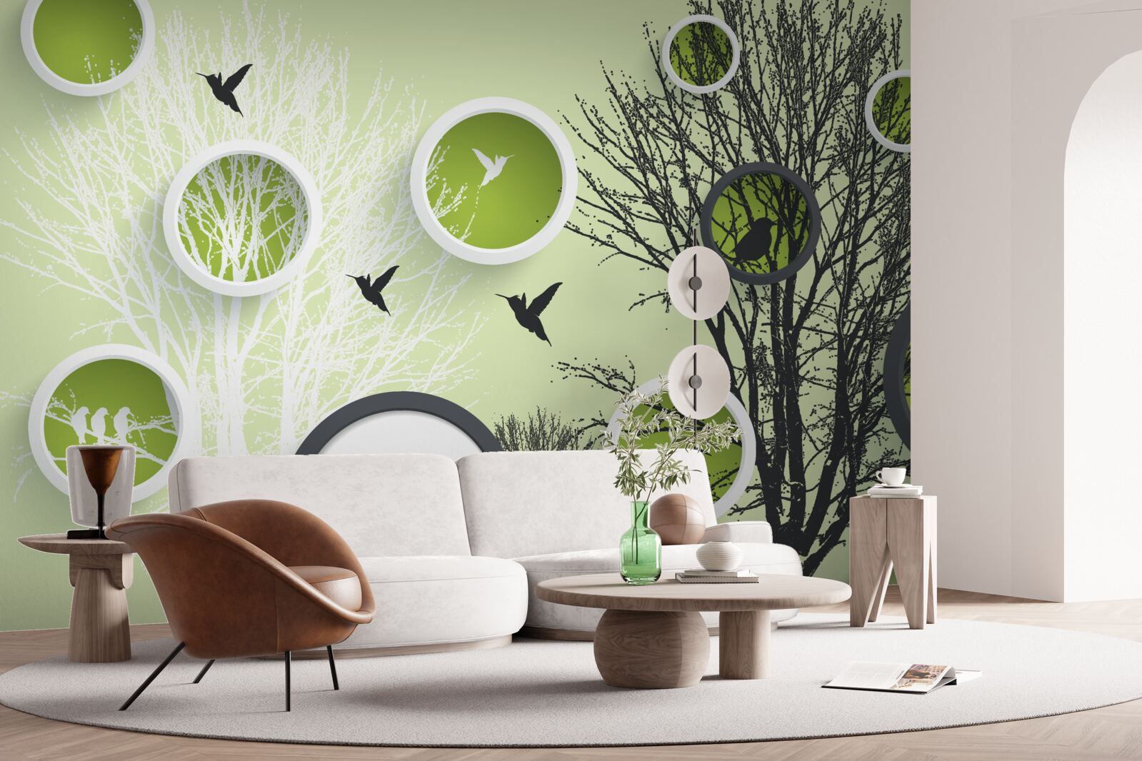 Papier peint arbres avec oiseaux en noir et blanc