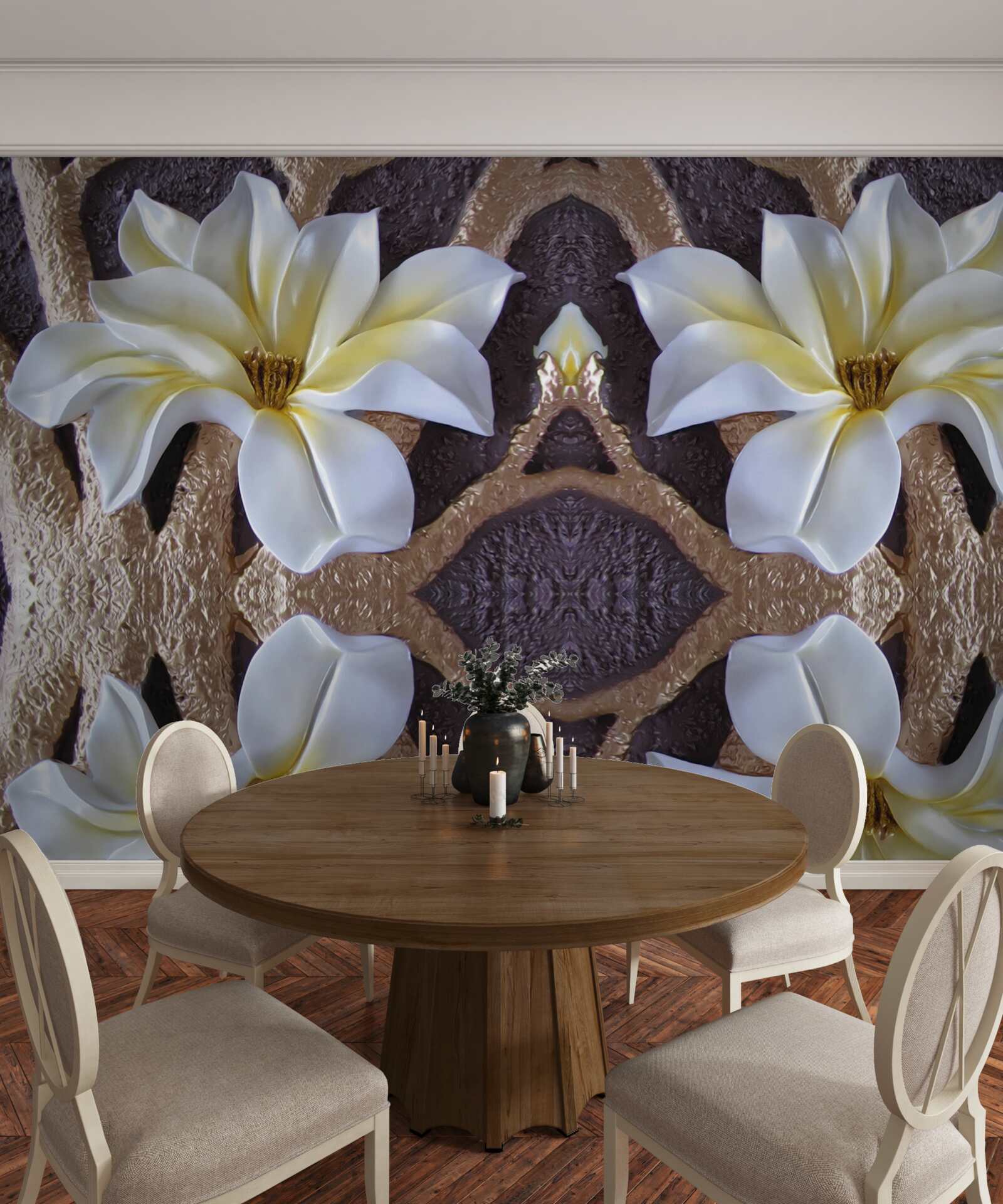 Papier peint grandes fleurs blanches