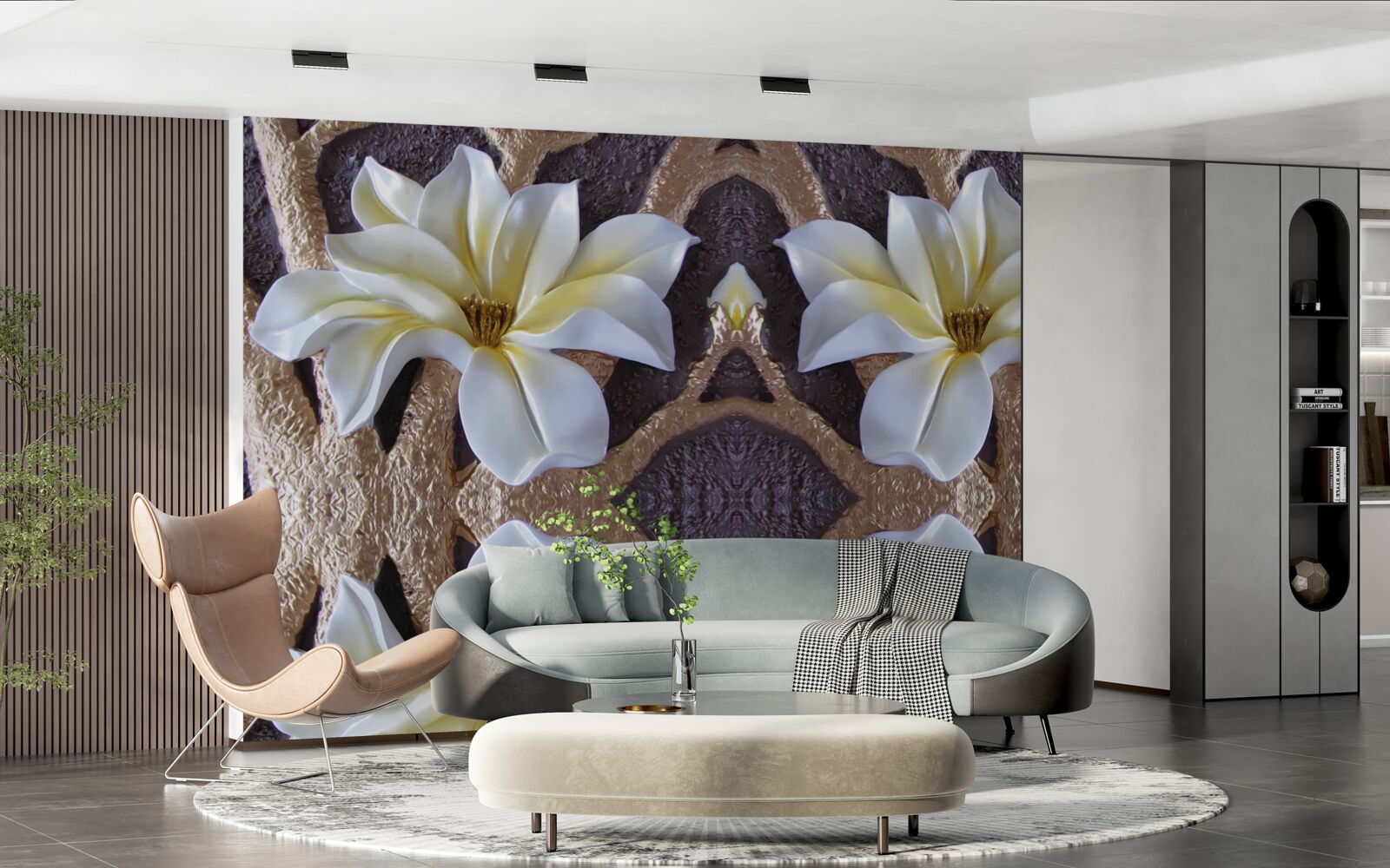 Papier peint grandes fleurs blanches