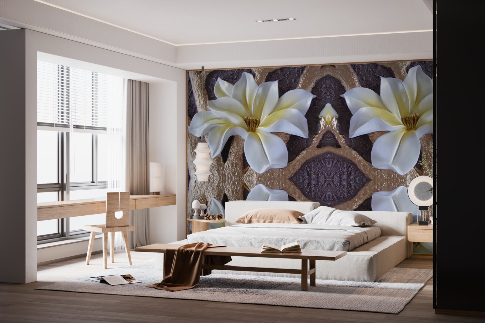 Papier peint grandes fleurs blanches