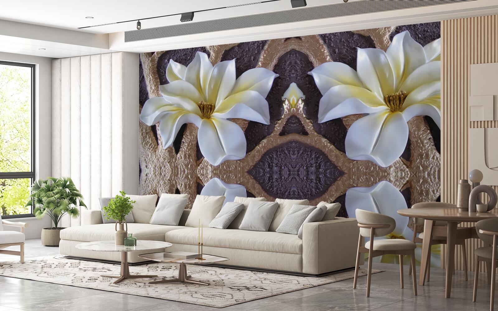 Papier peint grandes fleurs blanches