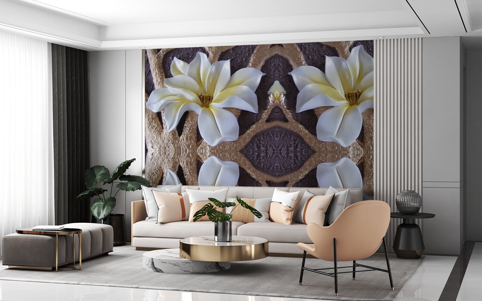 Papier peint grandes fleurs blanches