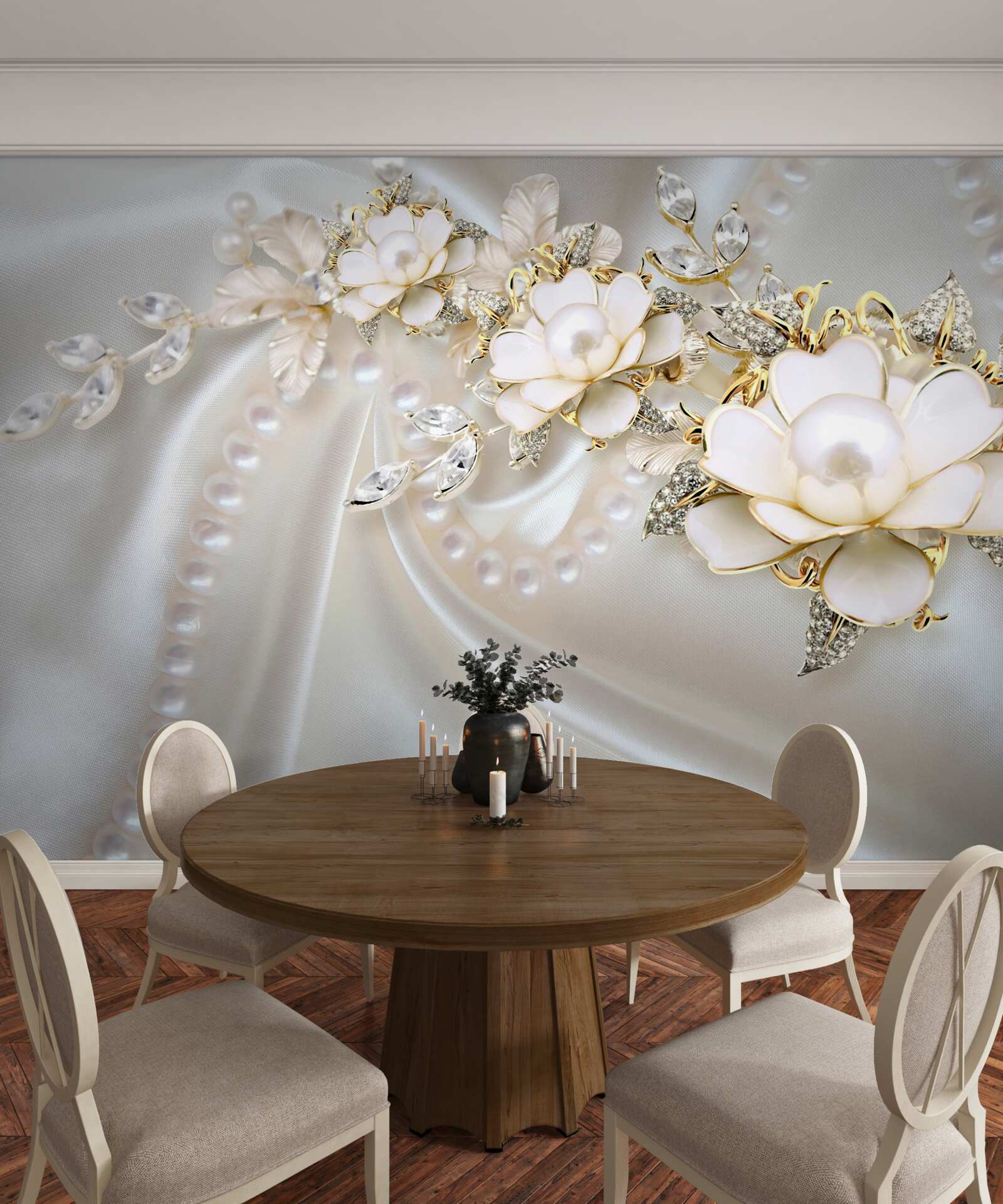 Papier peint les perles sur soie sont ornées de roses