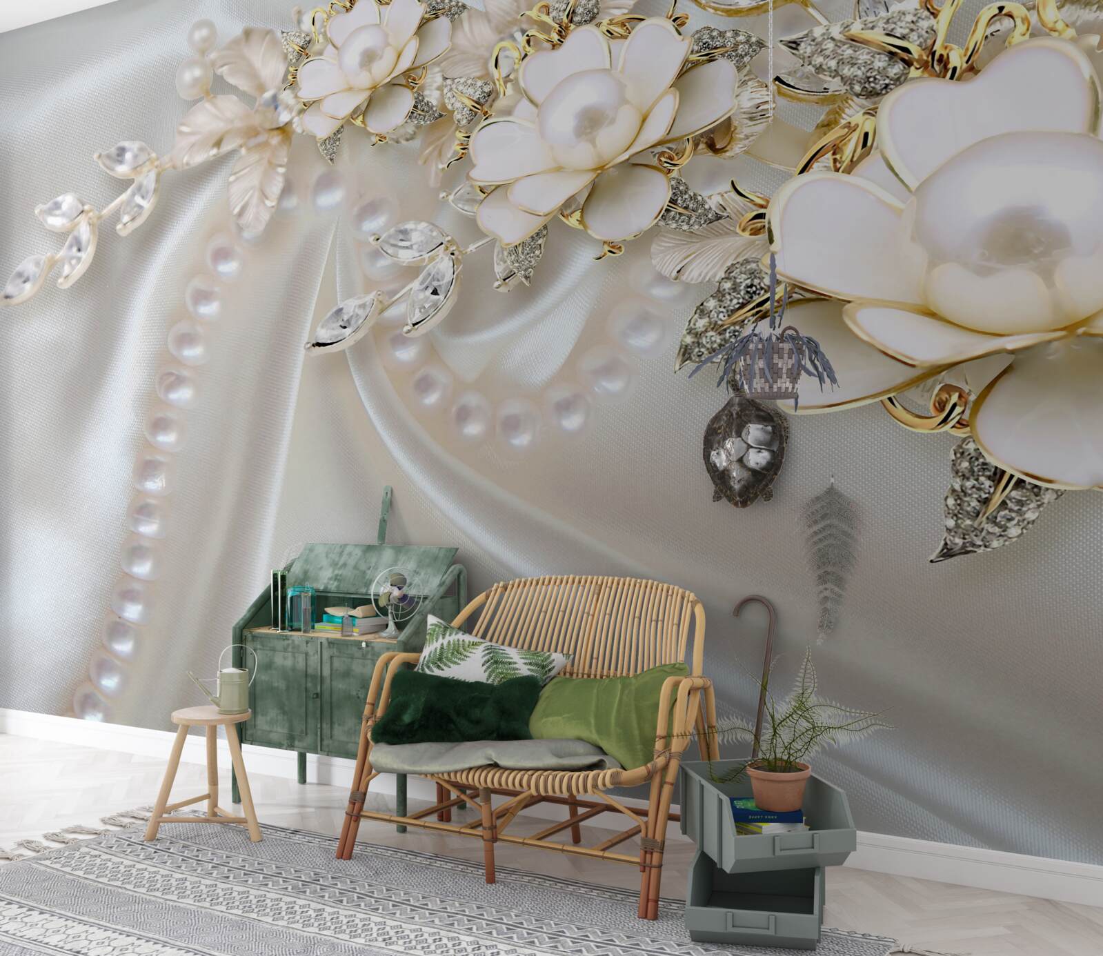 Papier peint les perles sur soie sont ornées de roses