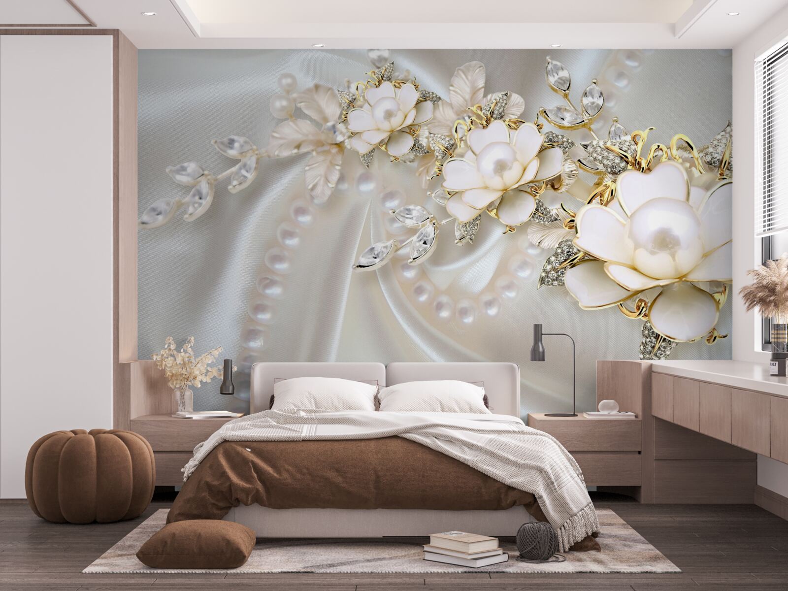 Papier peint les perles sur soie sont ornées de roses