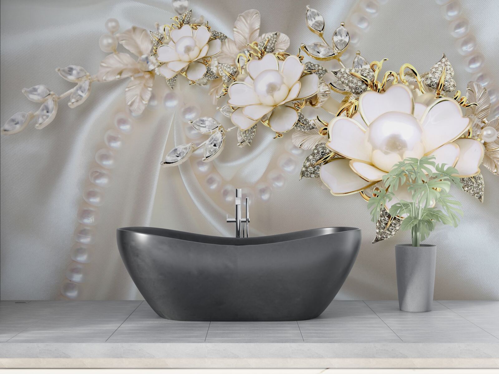 Papier peint les perles sur soie sont ornées de roses