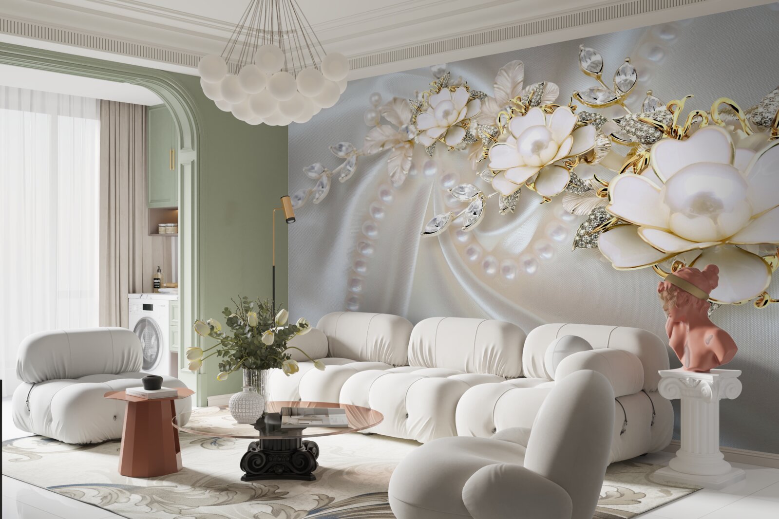 Papier peint les perles sur soie sont ornées de roses