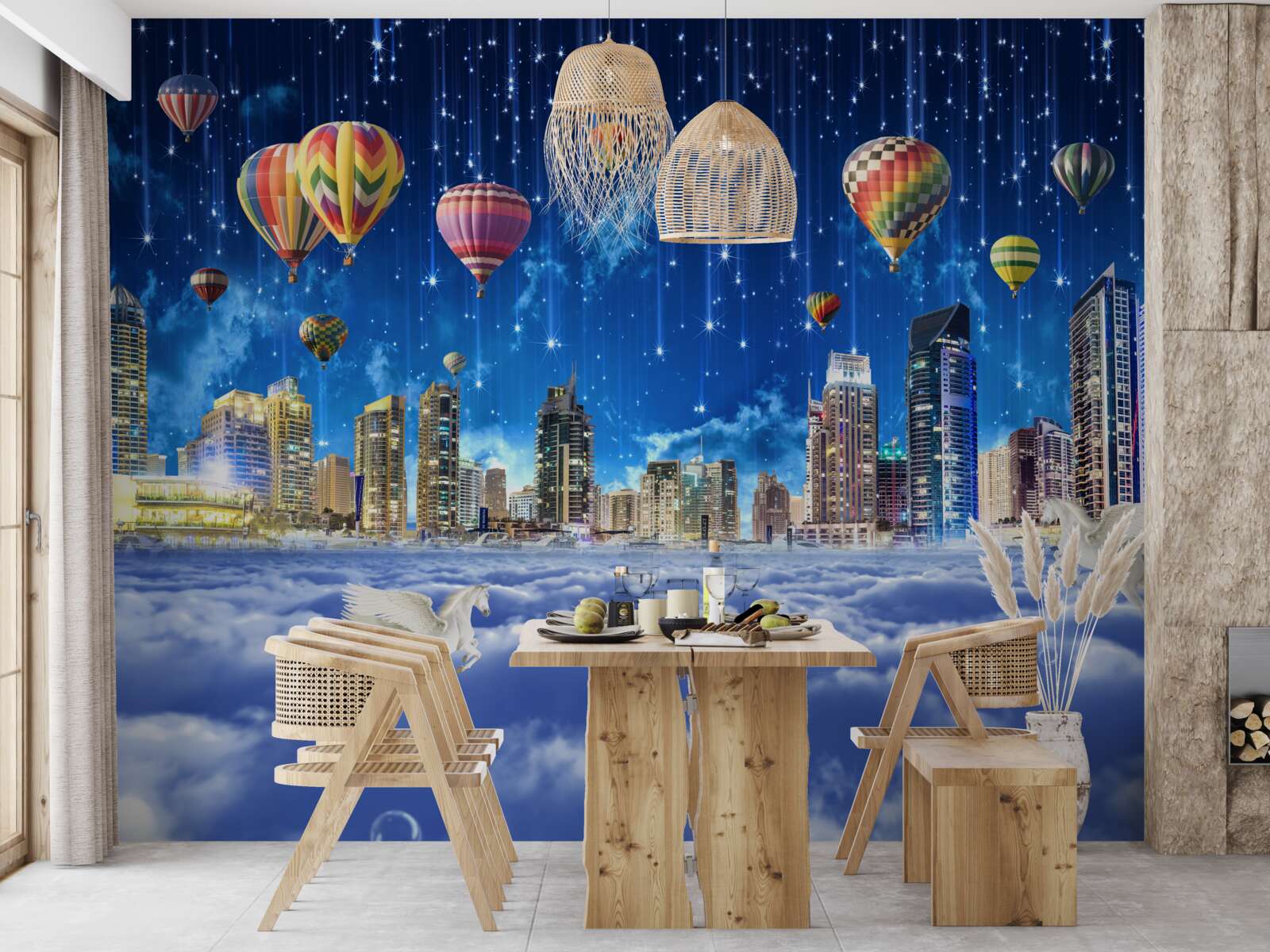 Papier peint la ville nocturne est décorée de ballons