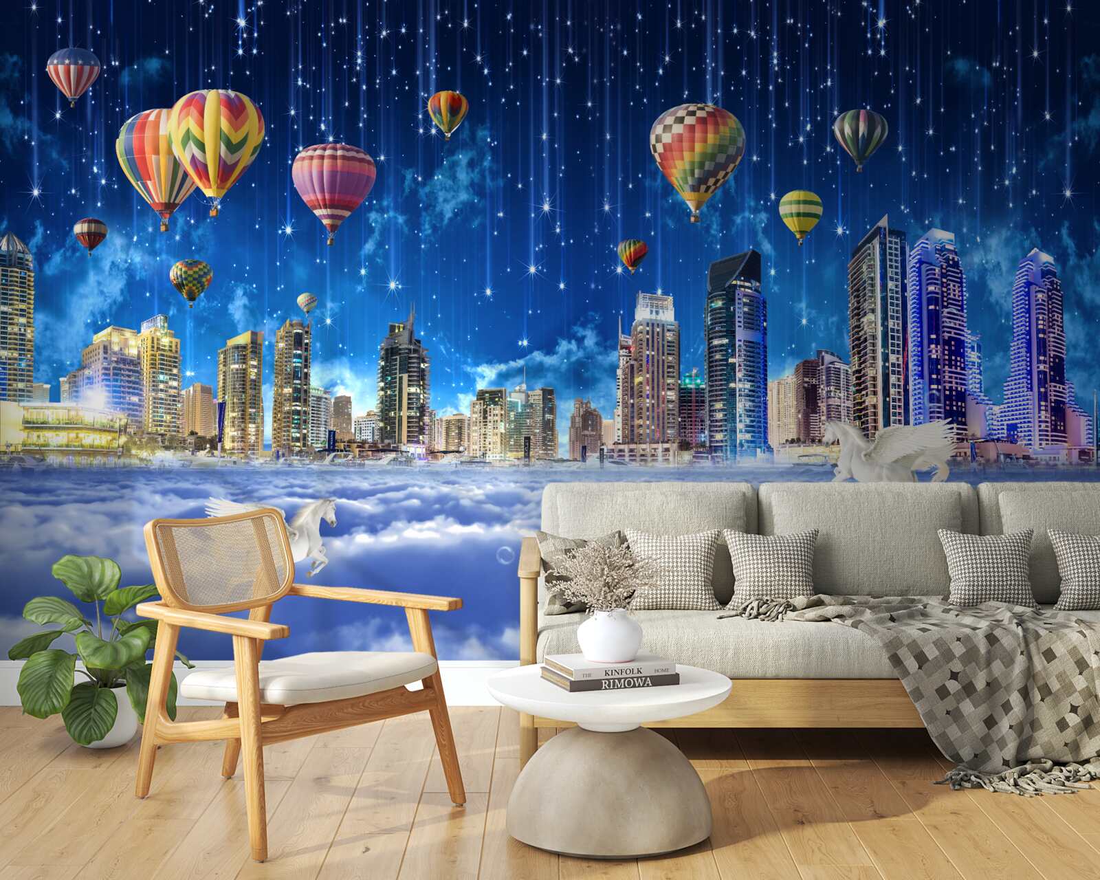 Papier peint la ville nocturne est décorée de ballons