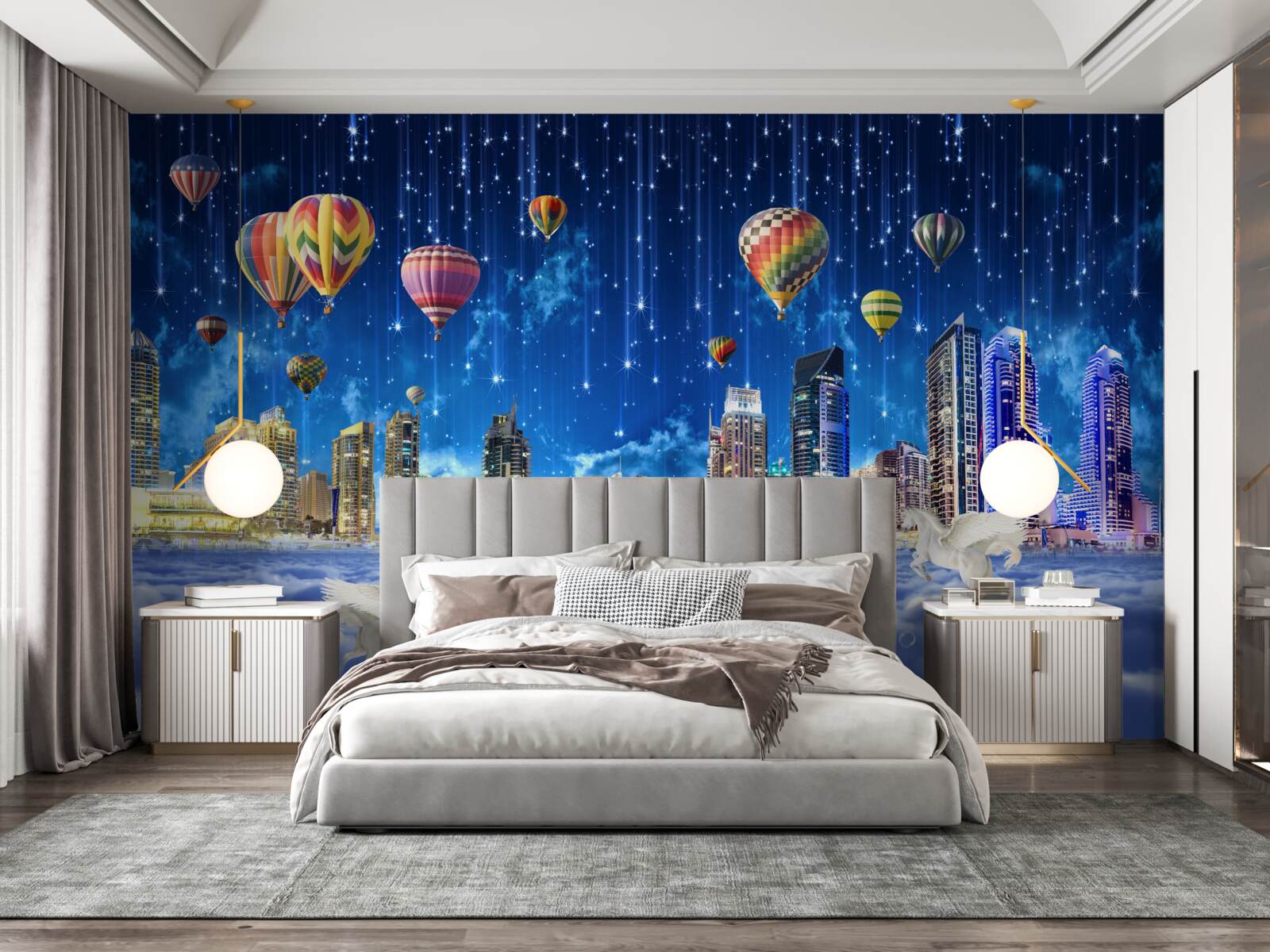 Papier peint la ville nocturne est décorée de ballons