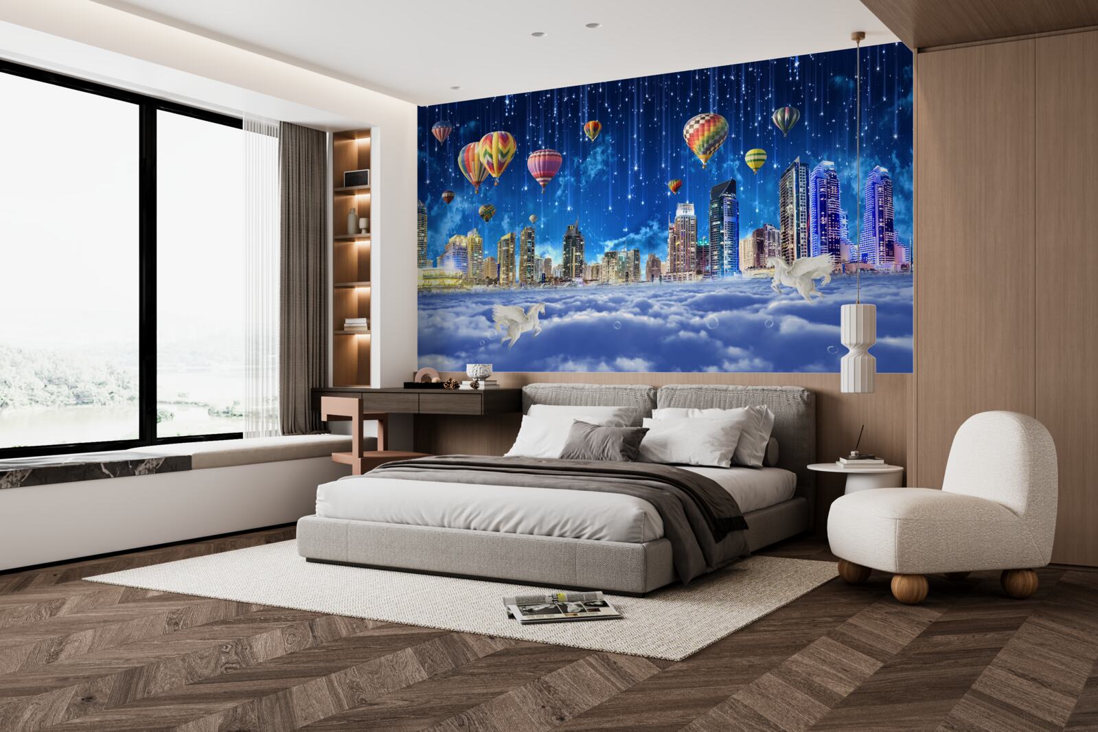 Papier peint la ville nocturne est décorée de ballons