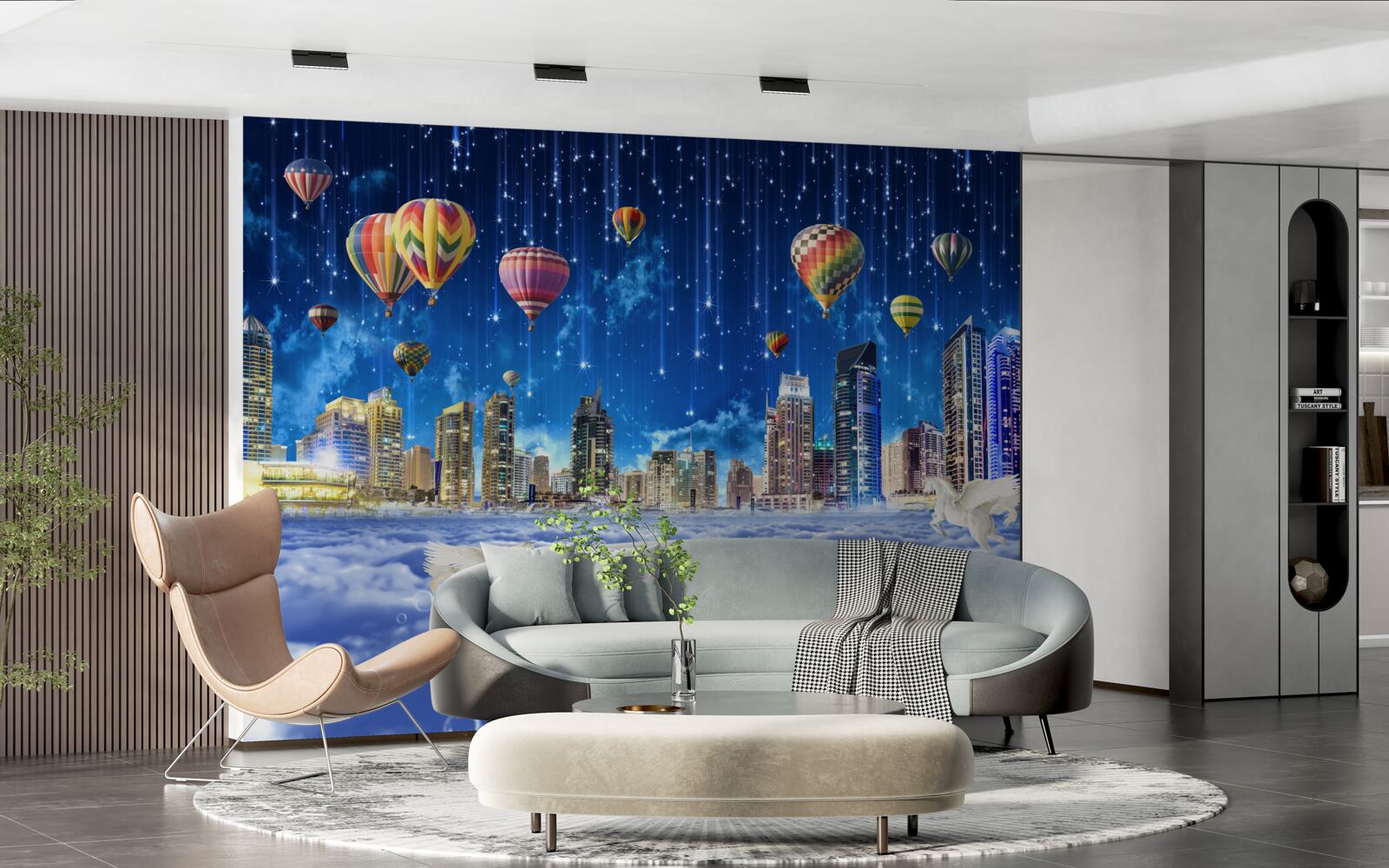 Papier peint la ville nocturne est décorée de ballons