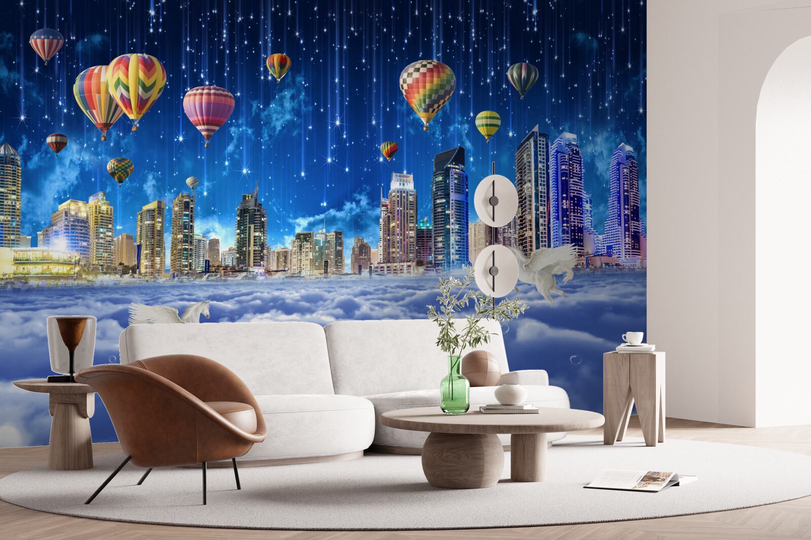 Papier peint la ville nocturne est décorée de ballons