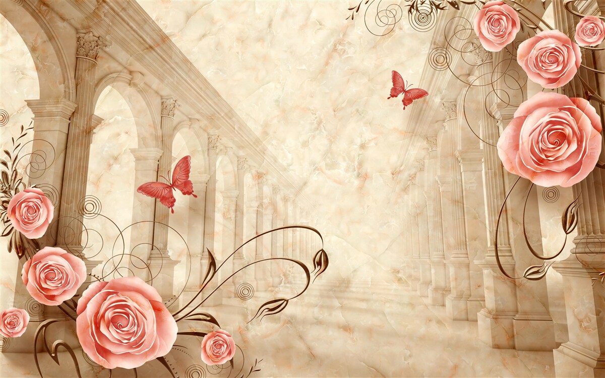 Papier peint à l'arrière-plan des arches se trouvent des papillons et des roses roses