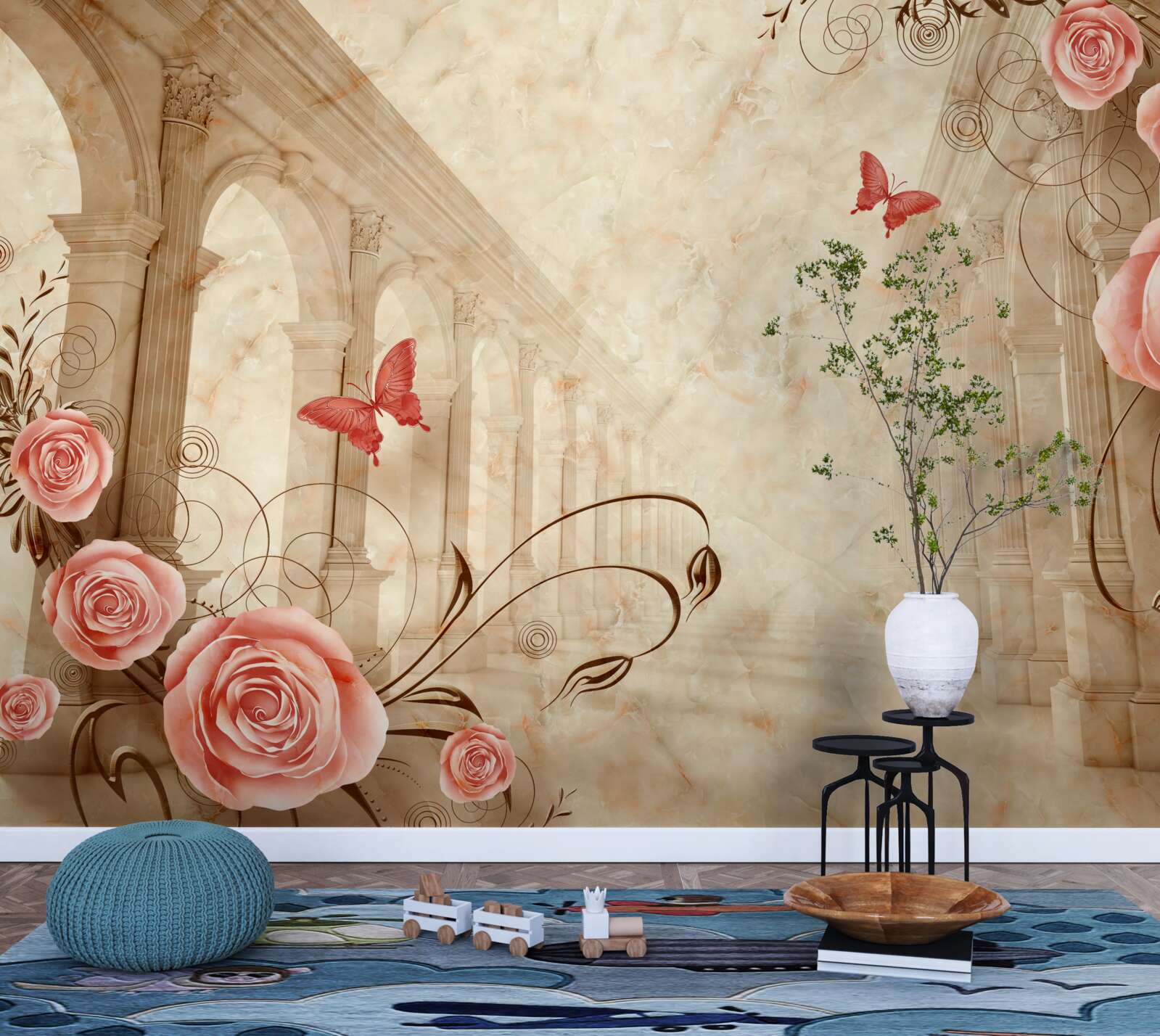 Papier peint à l'arrière-plan des arches se trouvent des papillons et des roses roses
