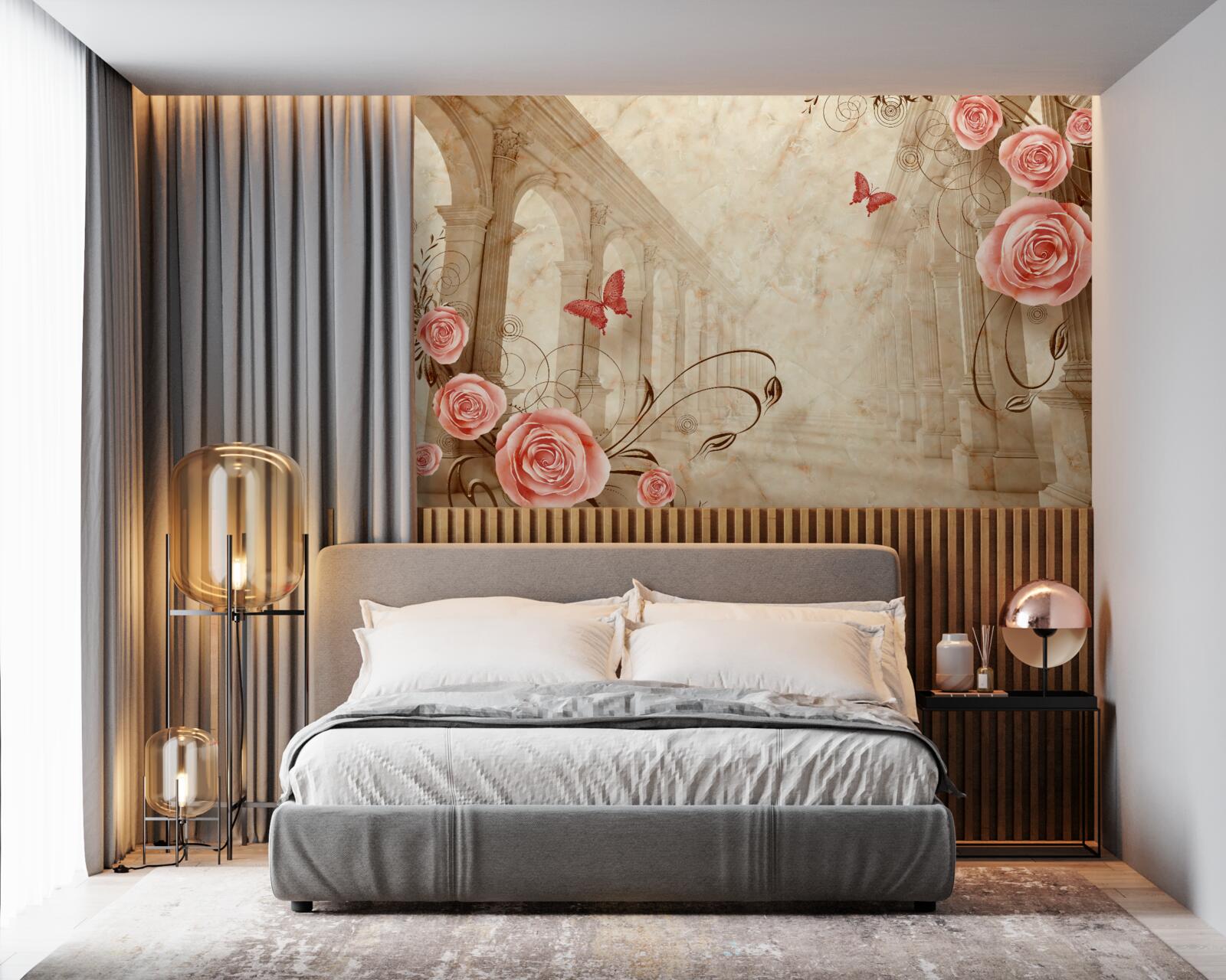 Papier peint à l'arrière-plan des arches se trouvent des papillons et des roses roses