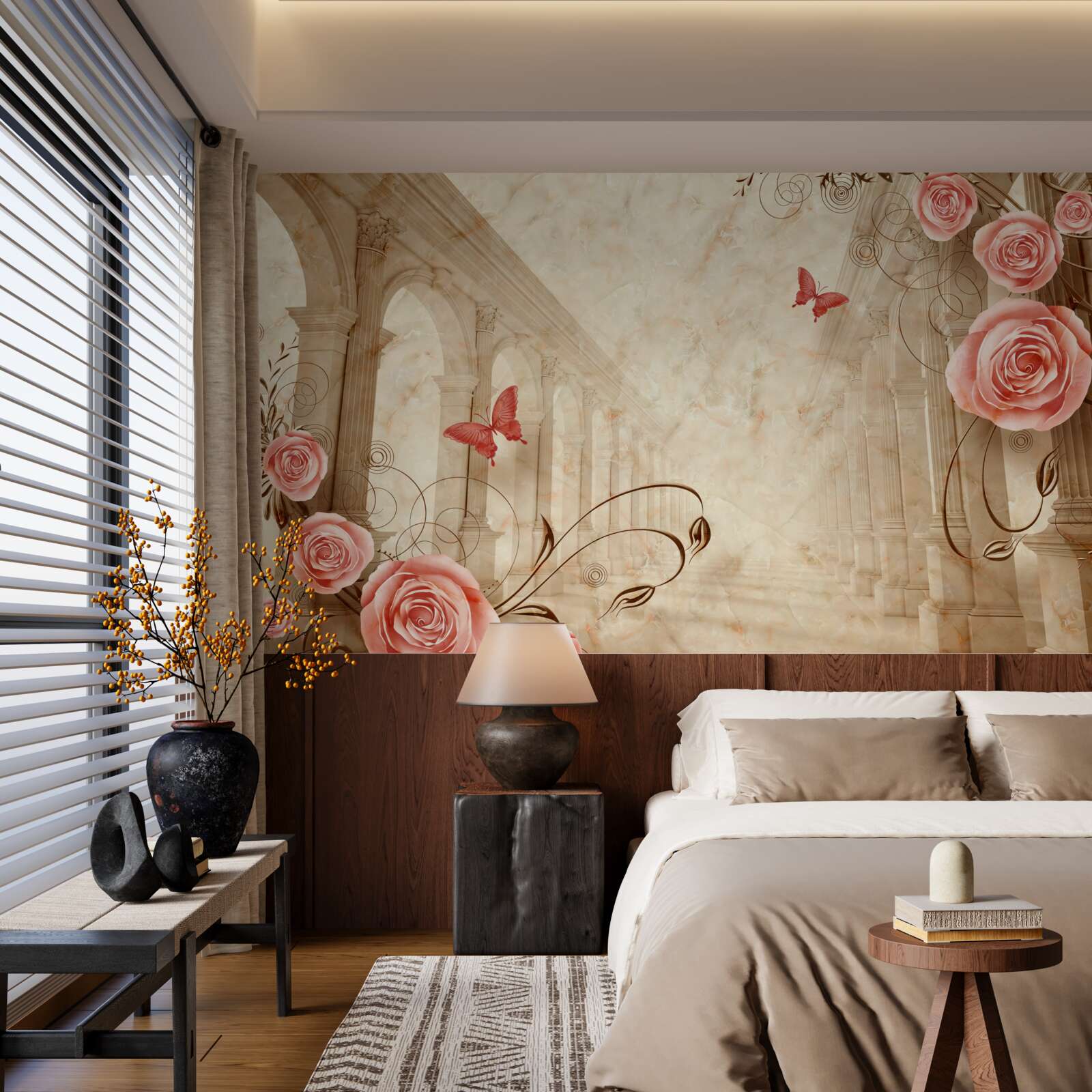 Papier peint à l'arrière-plan des arches se trouvent des papillons et des roses roses