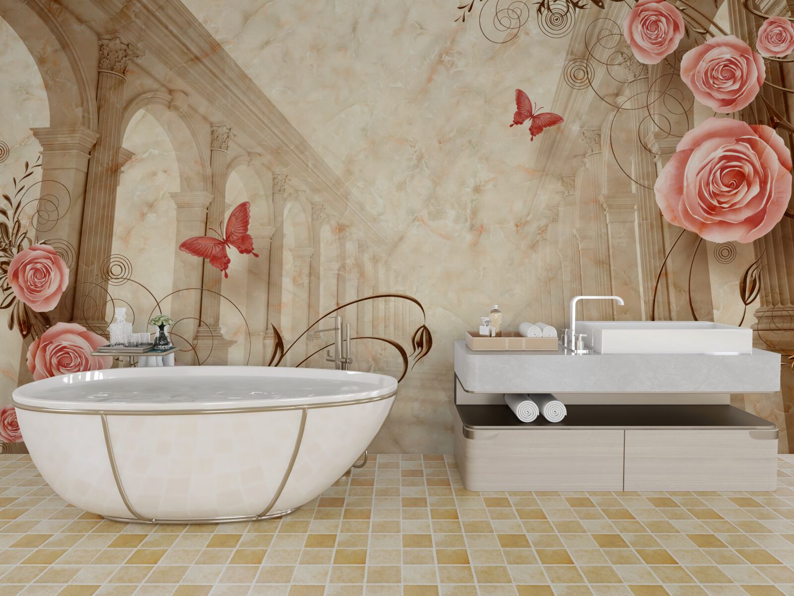Papier peint à l'arrière-plan des arches se trouvent des papillons et des roses roses