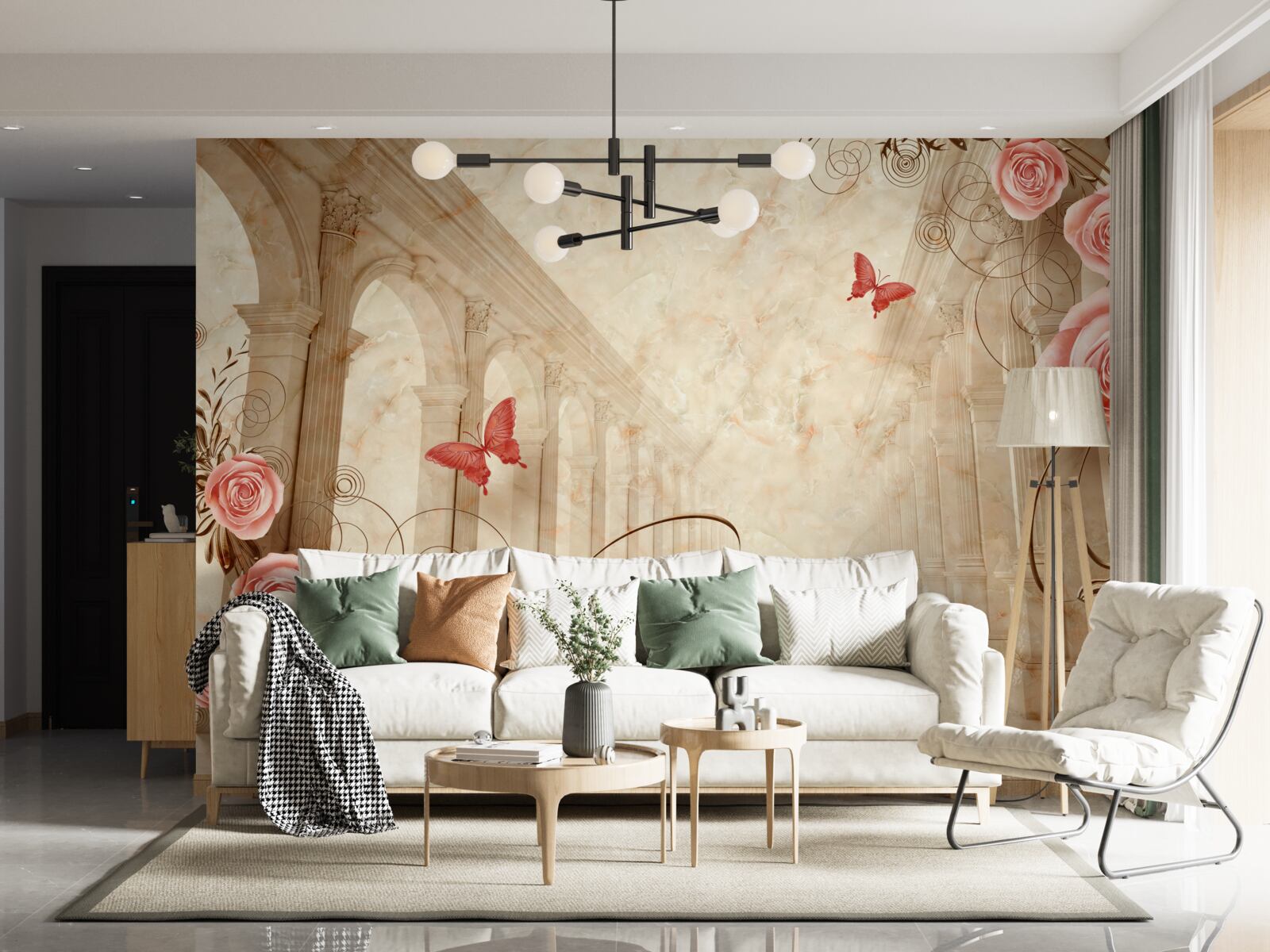 Papier peint à l'arrière-plan des arches se trouvent des papillons et des roses roses