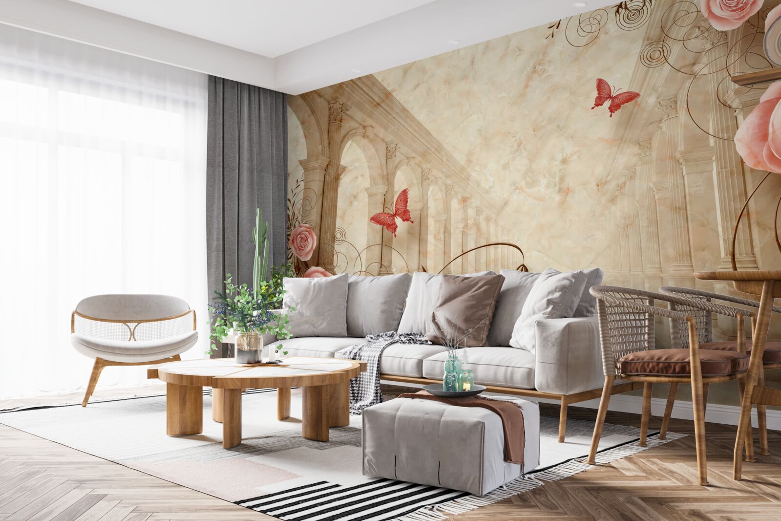 Papier peint à l'arrière-plan des arches se trouvent des papillons et des roses roses