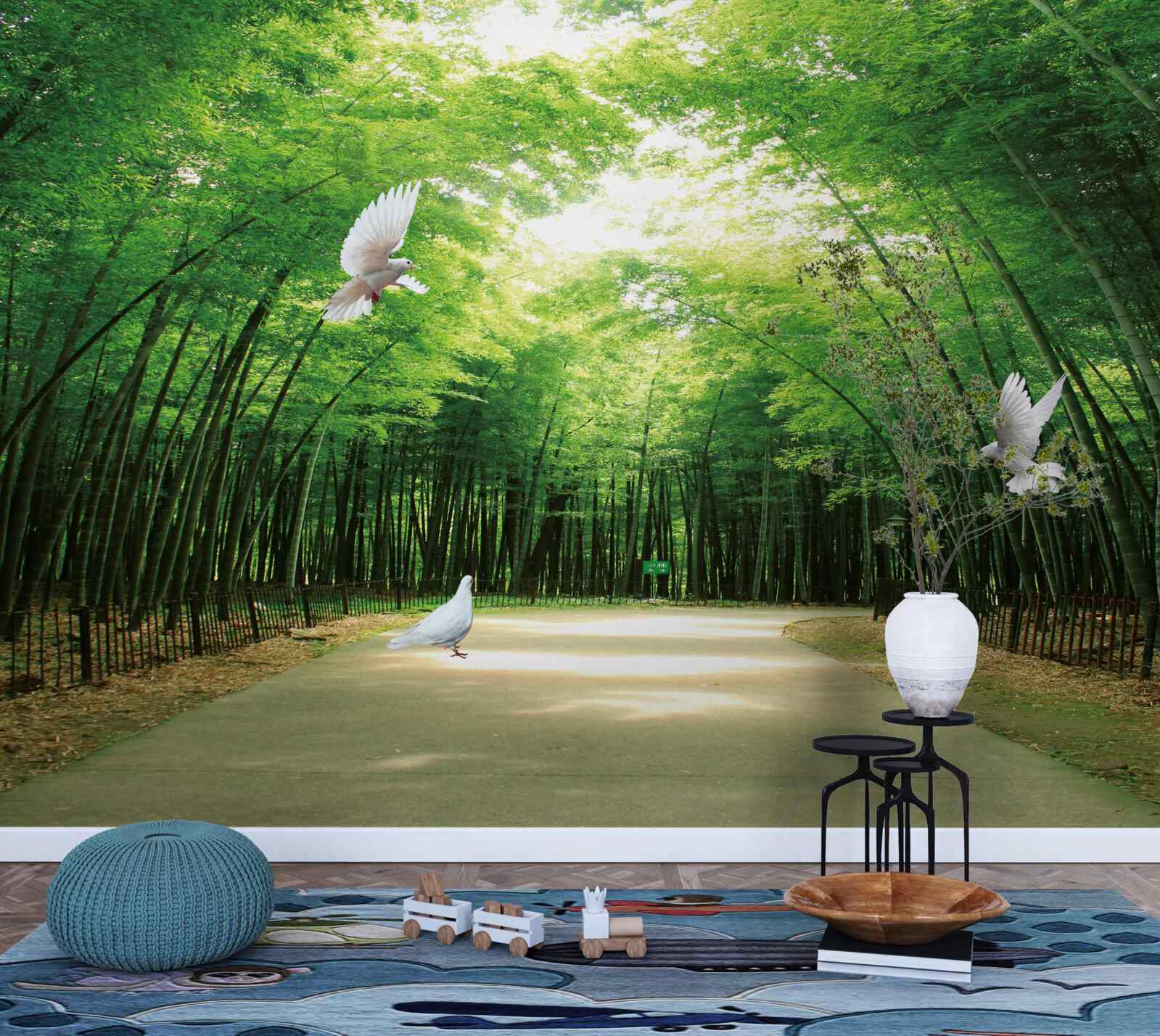 Papier peint entrer dans le jardin botanique, aménagé et peuplé de pigeons