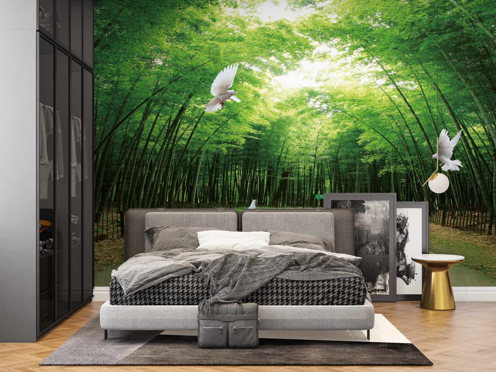 Papier peint entrer dans le jardin botanique, aménagé et peuplé de pigeons