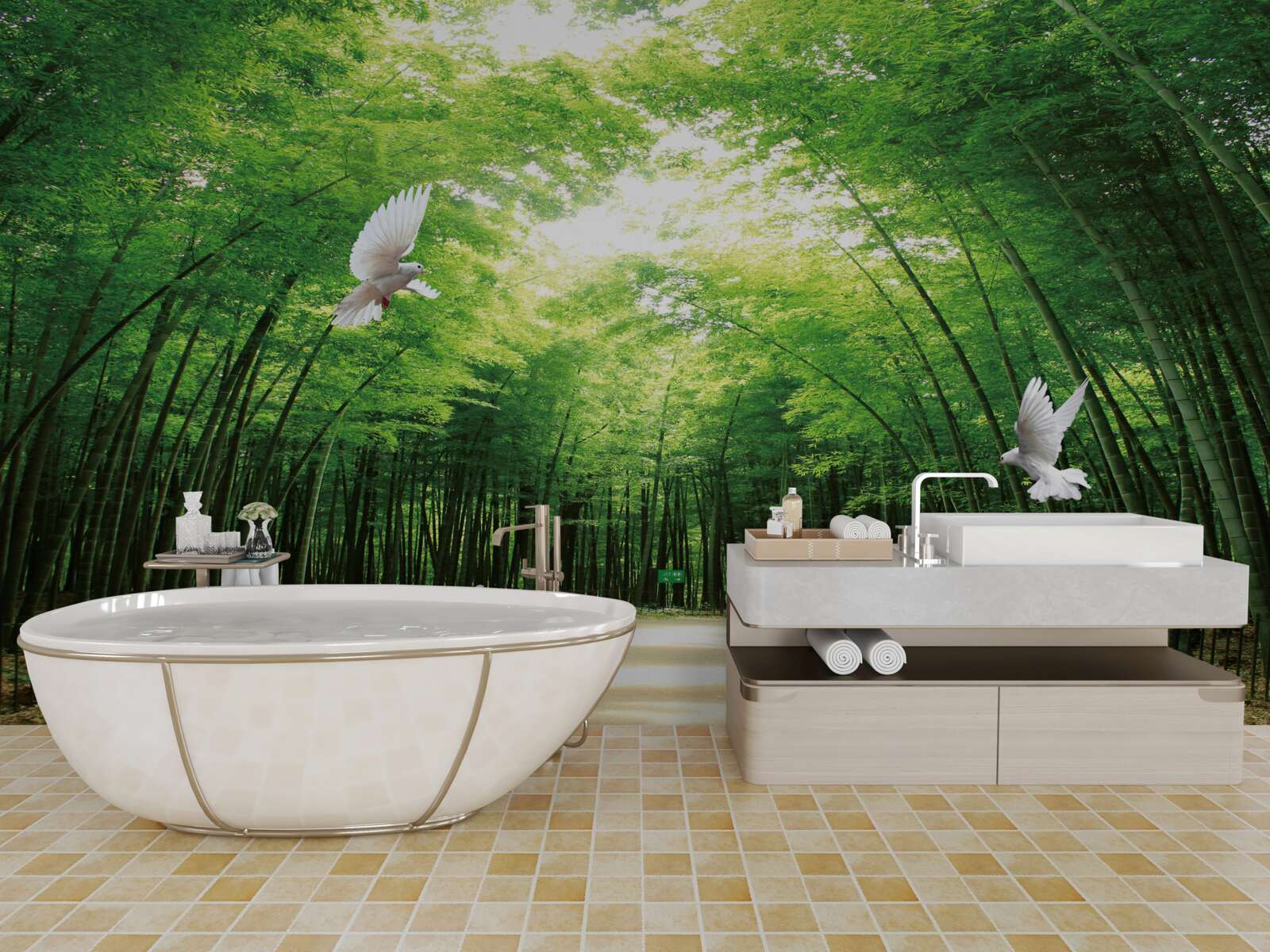 Papier peint entrer dans le jardin botanique, aménagé et peuplé de pigeons