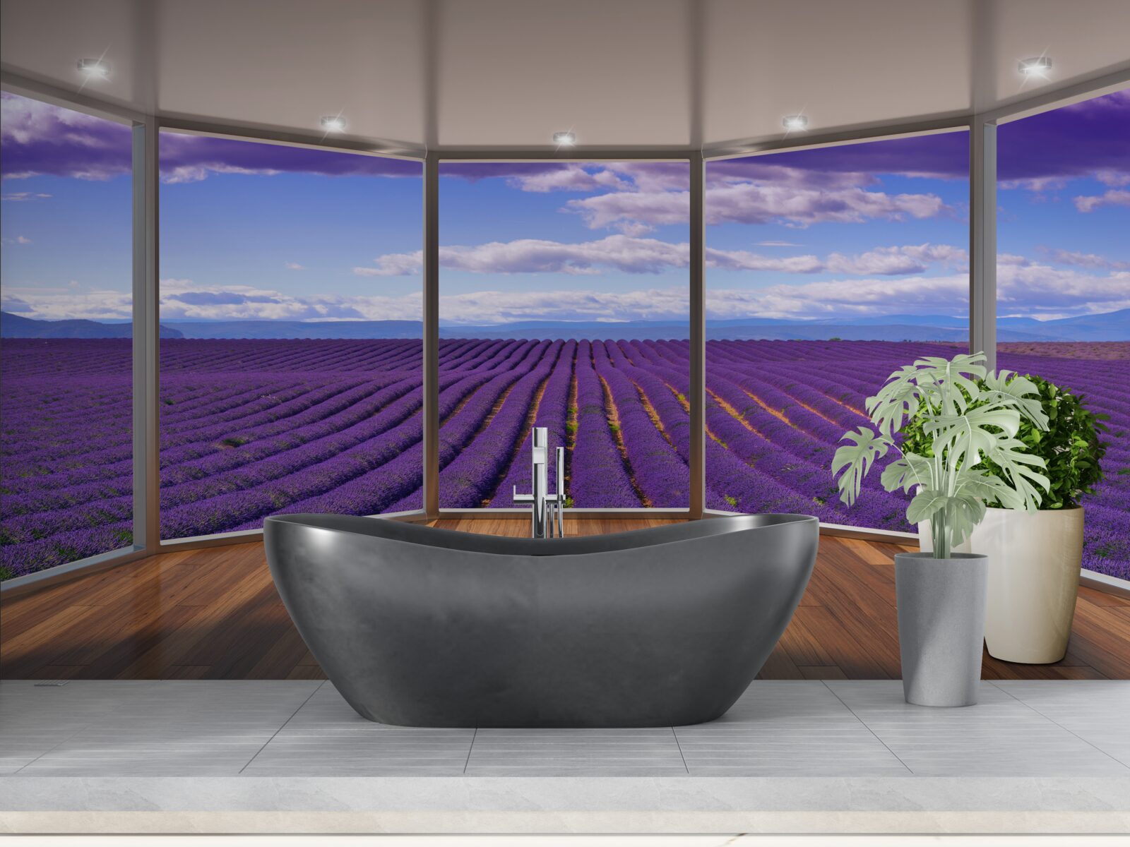 Papier peint vue sur le champ de lavande directement depuis le balcon