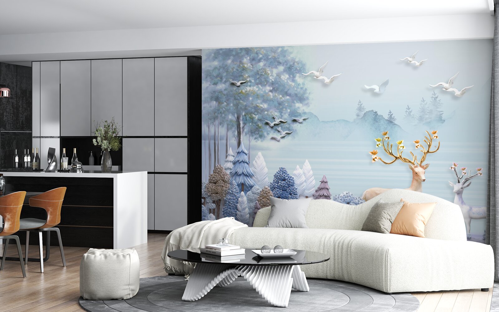 Papier peint entre les arbres et les montagnes, les cerfs sont dans les pâturages