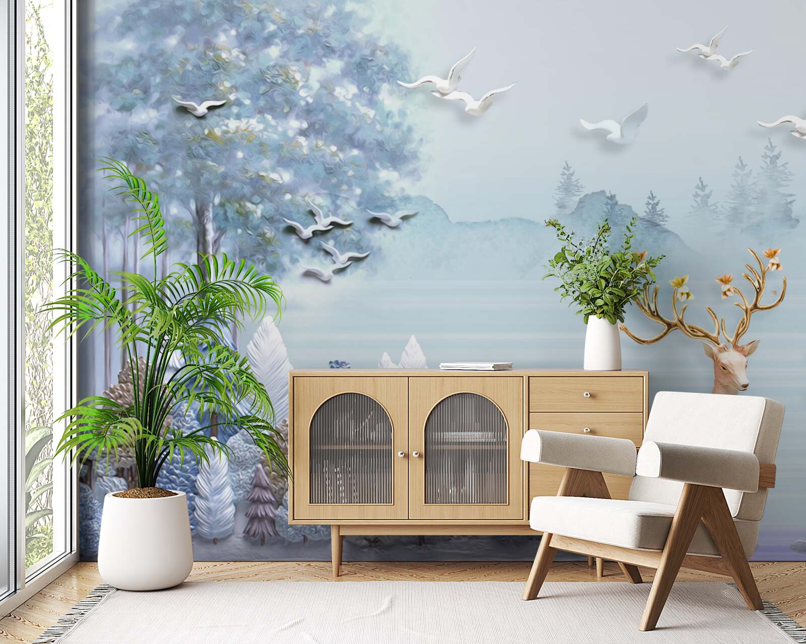 Papier peint entre les arbres et les montagnes, les cerfs sont dans les pâturages