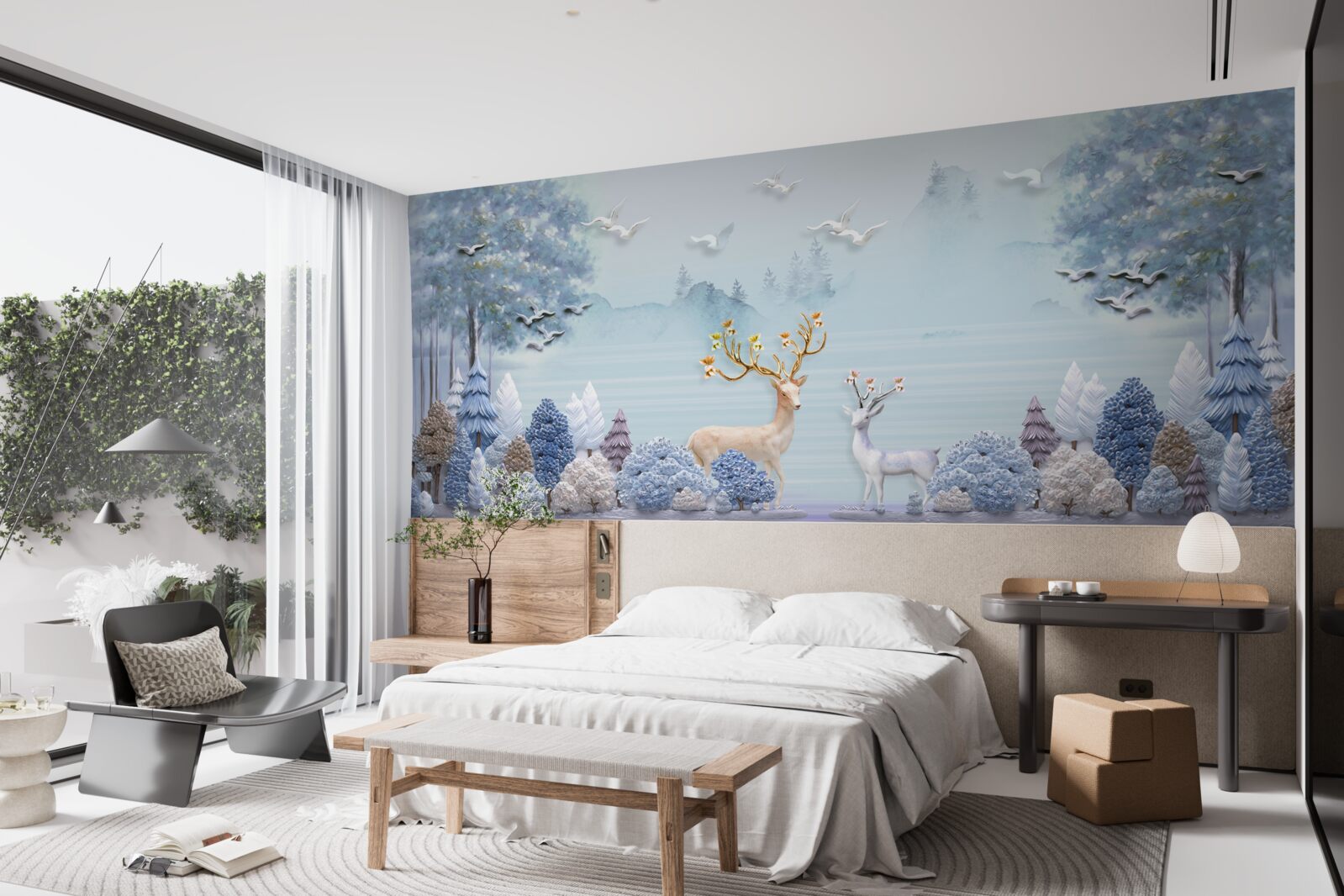 Papier peint entre les arbres et les montagnes, les cerfs sont dans les pâturages
