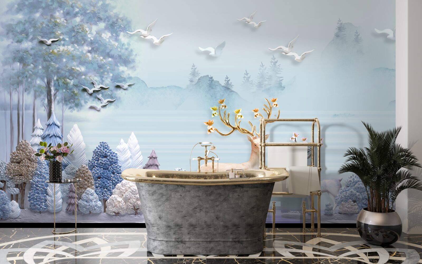 Papier peint entre les arbres et les montagnes, les cerfs sont dans les pâturages