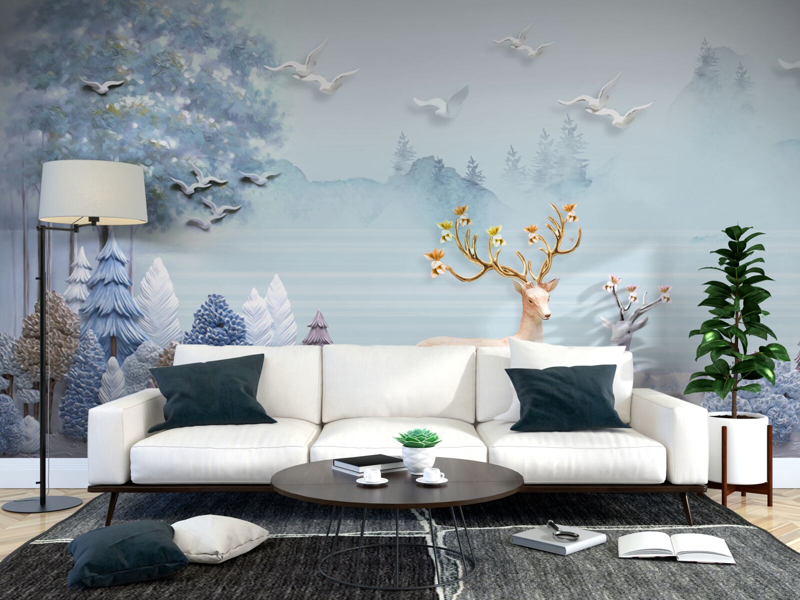 Papier peint entre les arbres et les montagnes, les cerfs sont dans les pâturages