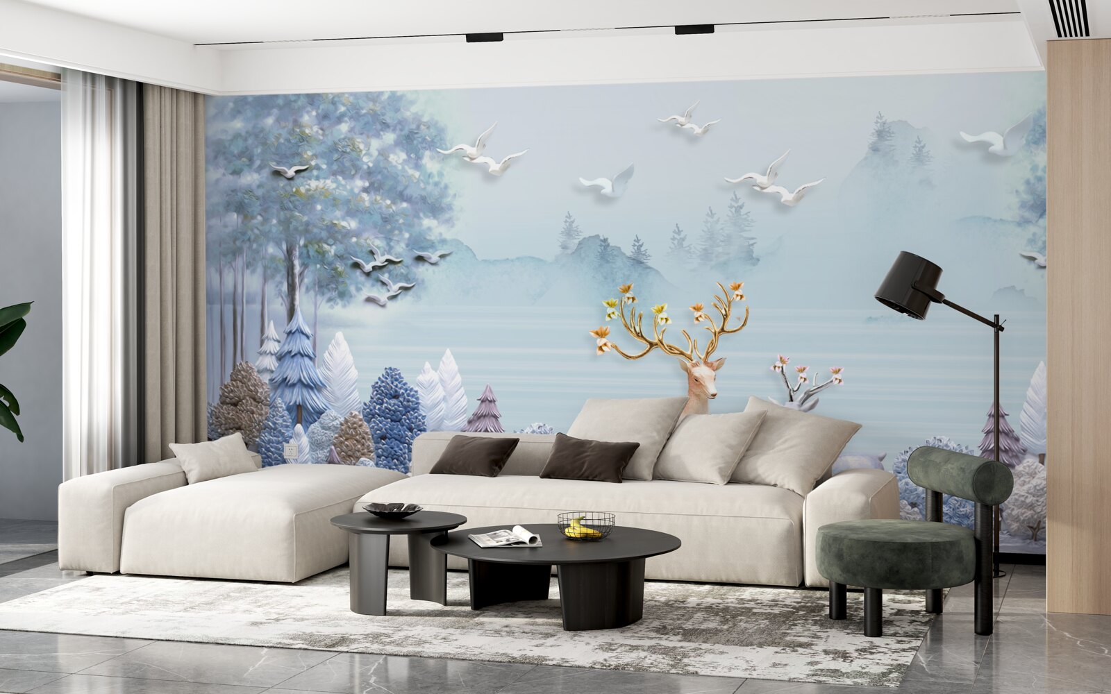 Papier peint entre les arbres et les montagnes, les cerfs sont dans les pâturages